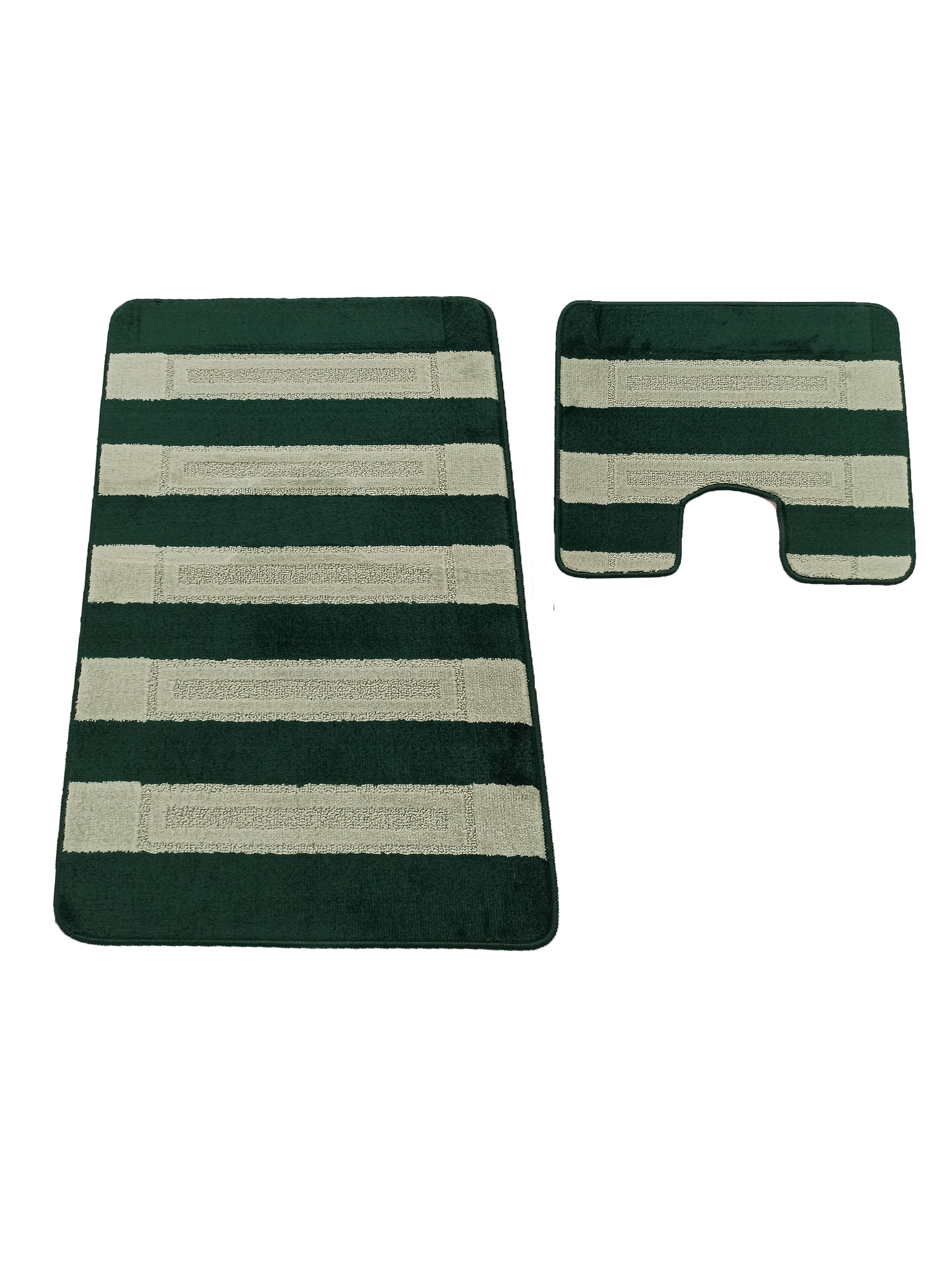Deux tapis textiles à rayures horizontales vert foncé et beige. L'un est rectangulaire, l'autre a une découpe en U