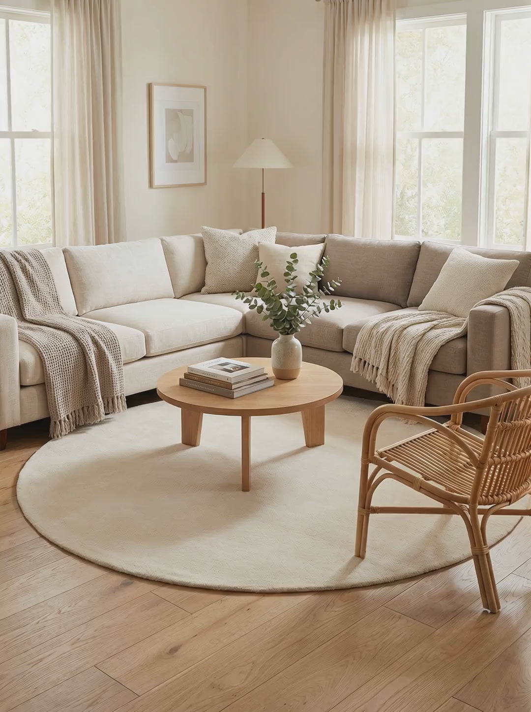 Charger la vidéo : Tapis Rond 100% Laine Ivoire - Garda