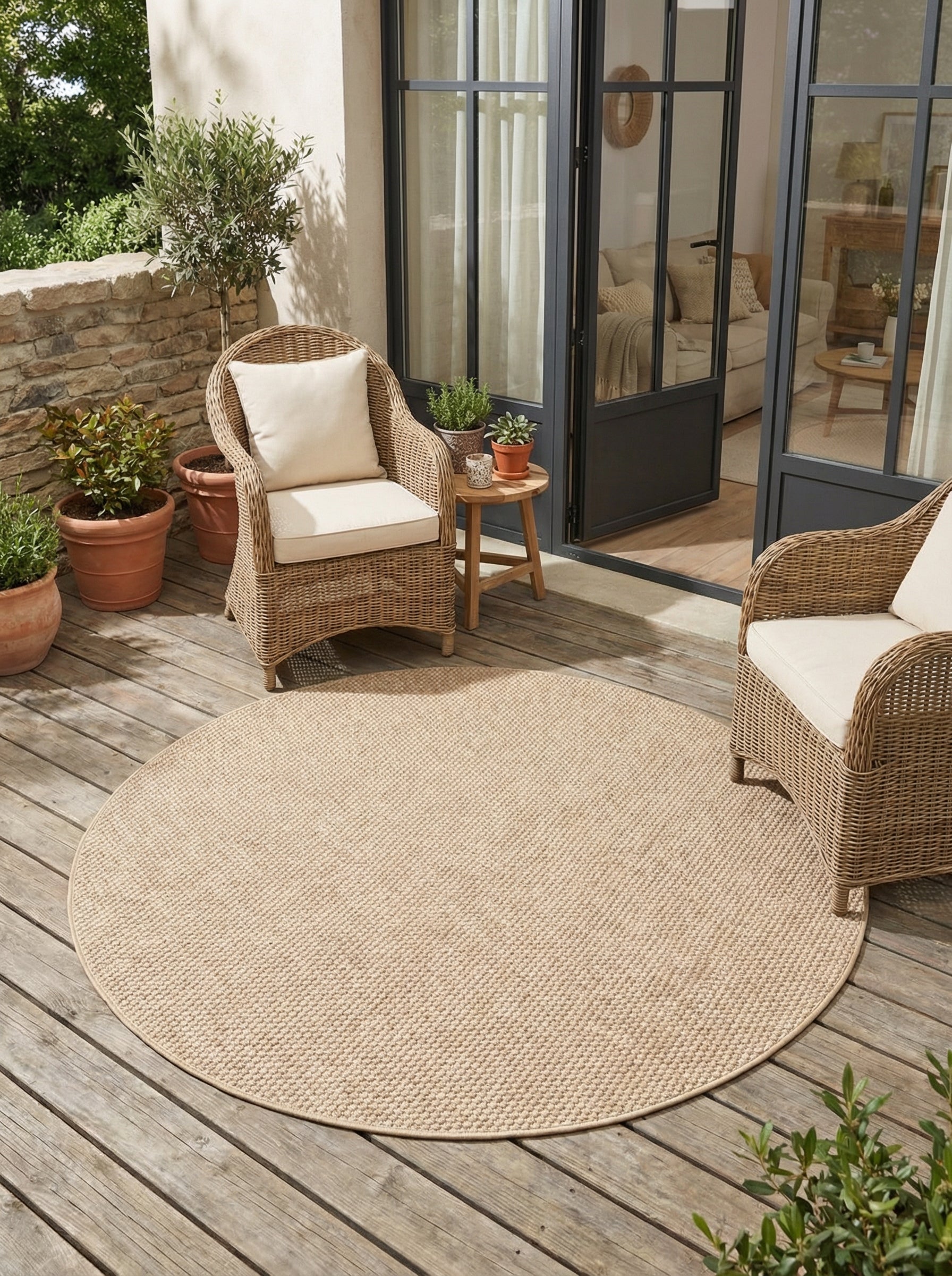 Tapis Extérieur Rond Beige Ambré - Soléa