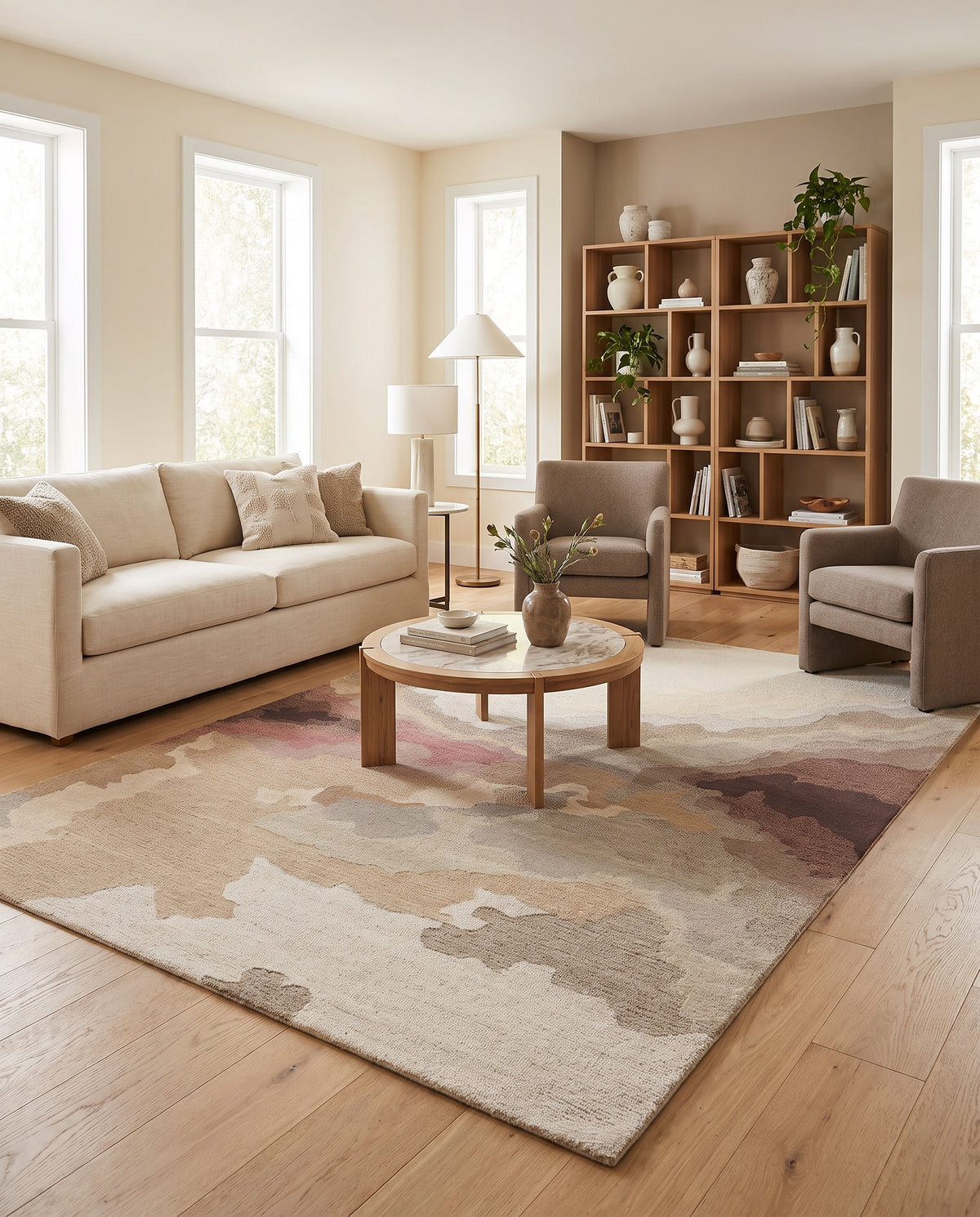 Motifs ondulants abstraits en laine bouclée beige, gris et rosé, sur un tapis rectangulaire dans un salon