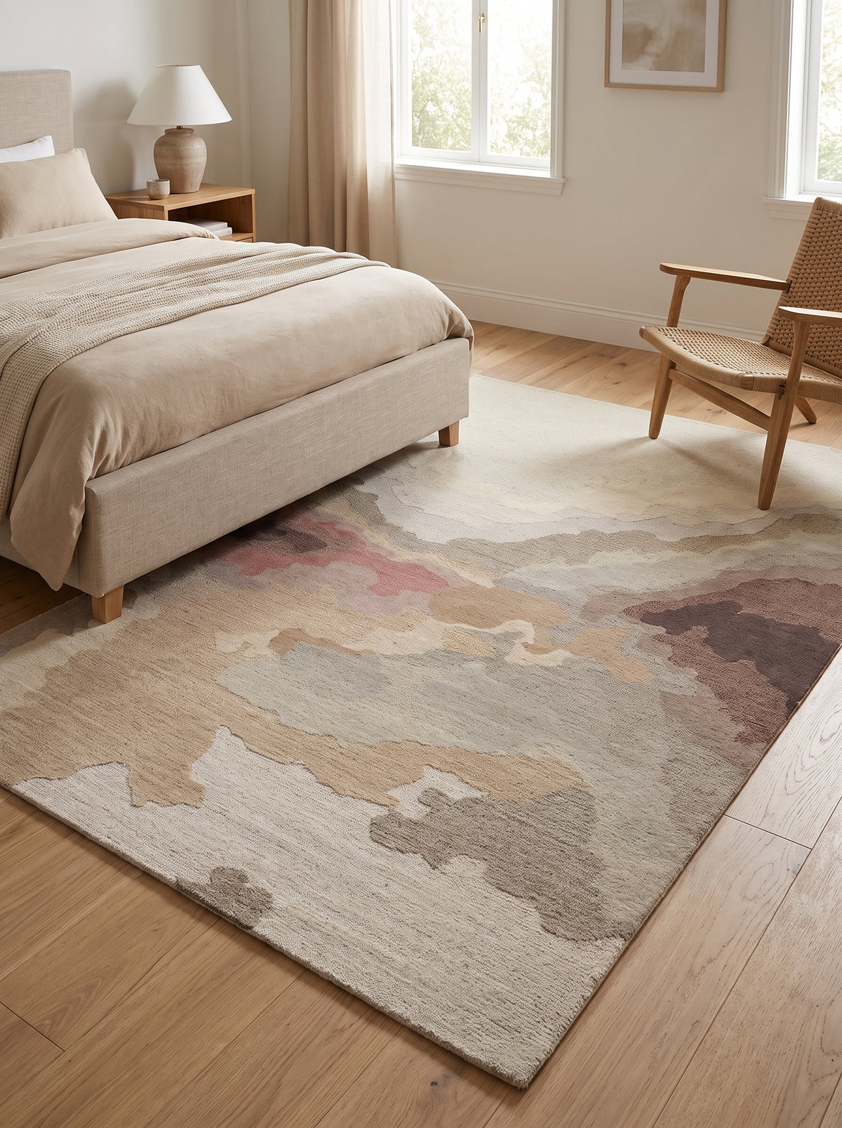 Tapis fait main en laine bouclée rectangulaire, aux motifs abstraits beiges, gris et rosés dans une chambre
