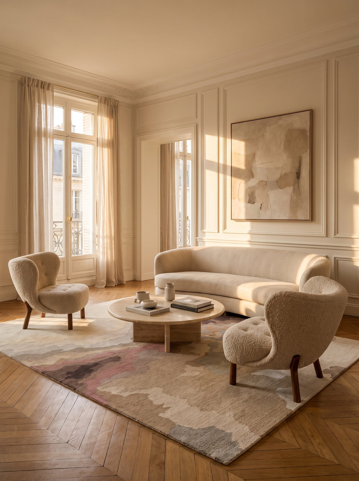 Motifs abstraits beige, gris et rosés sur ce tapis rectangulaire fait main en laine bouclée dans un salon