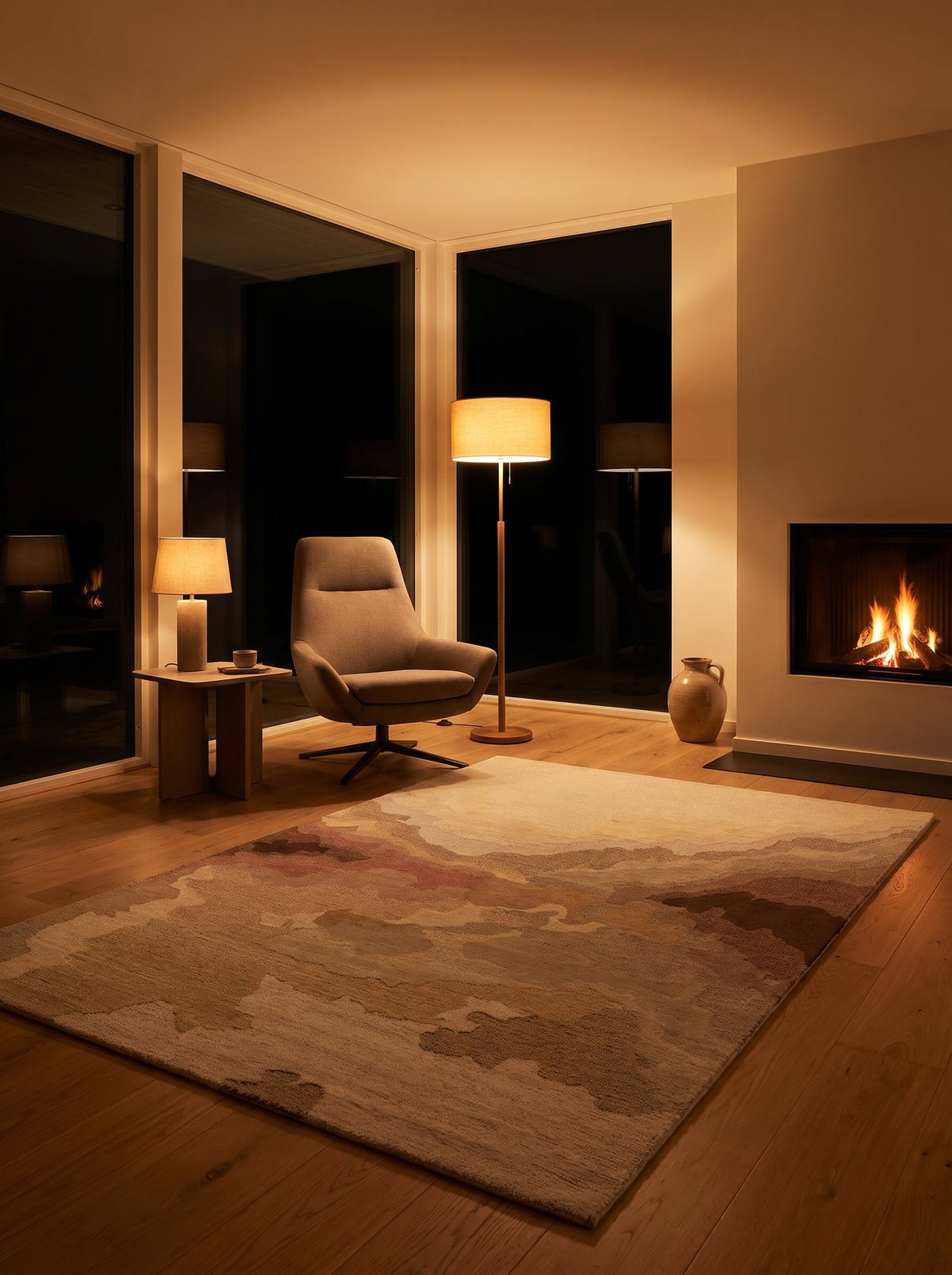 Laine bouclée pour ce tapis fait main aux motifs abstraits ondulants beiges, gris et rosés, illuminant un salon de nuit