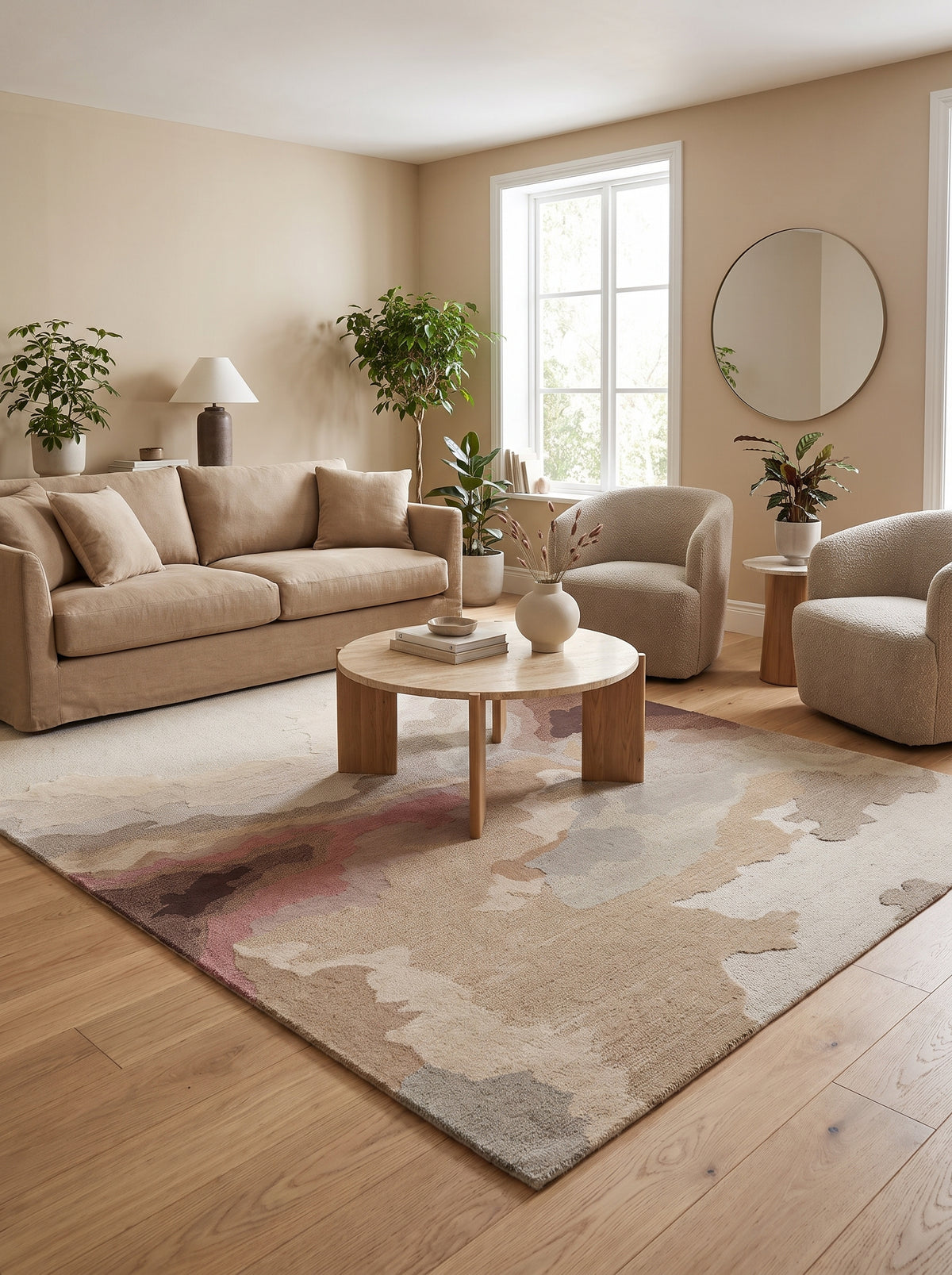 Dans un salon lumineux, un tapis rectangulaire en laine bouclée affiche des motifs abstraits beige, gris et rosés
