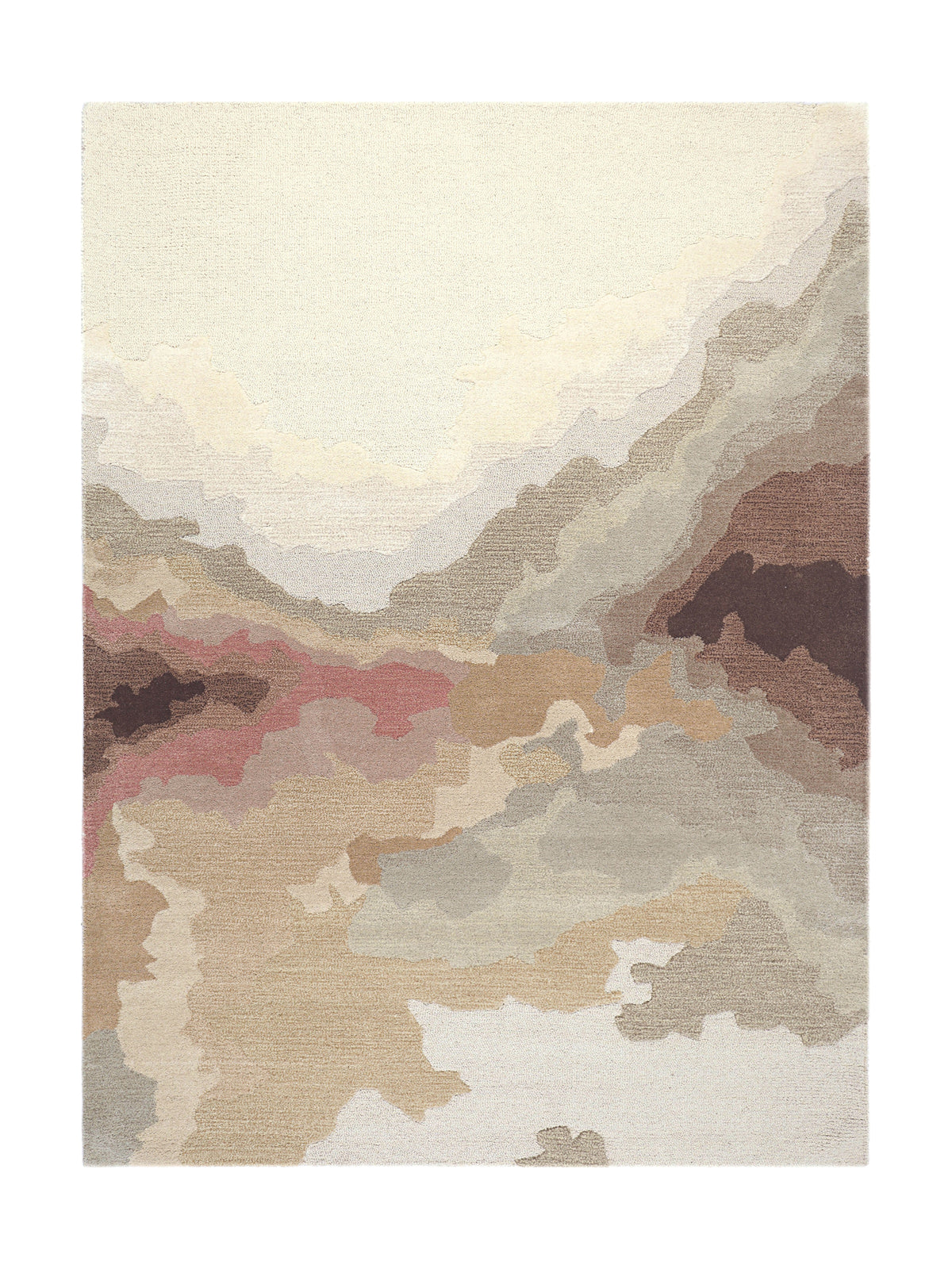 Ce tapis rectangulaire fait main présente des motifs abstraits en laine bouclée beige, grise et rosée