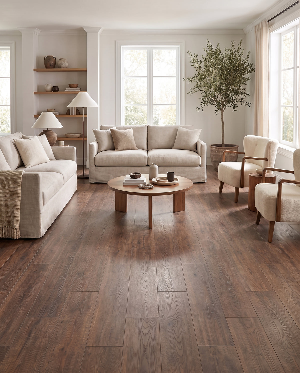 Un salon lumineux et épuré, sol en parquet foncé, canapés et fauteuils beiges, une table basse ronde, sans tapis