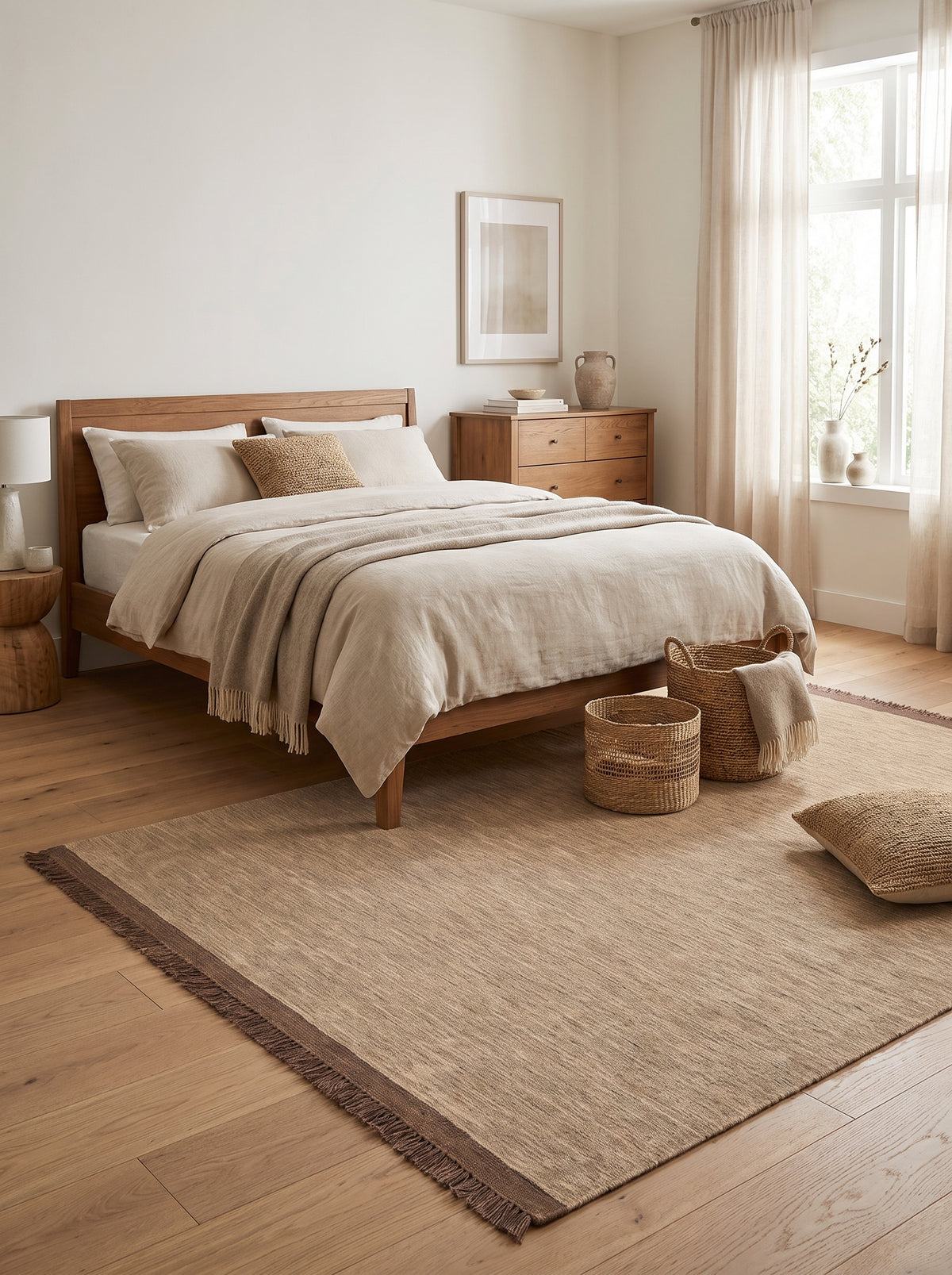 Een beige weefsel met subtiel gestreepte patronen en een gefranjerde bruine rand, verwarmt een minimalistische slaapkamer