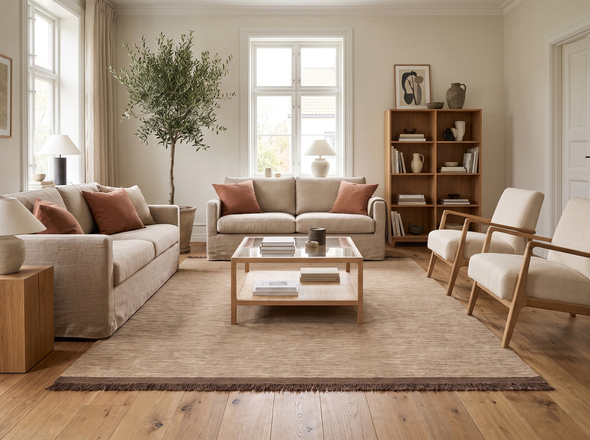 Aux teintes naturelles de beige et marron, ce tapis de laine à franges offre une texture subtile à ce salon