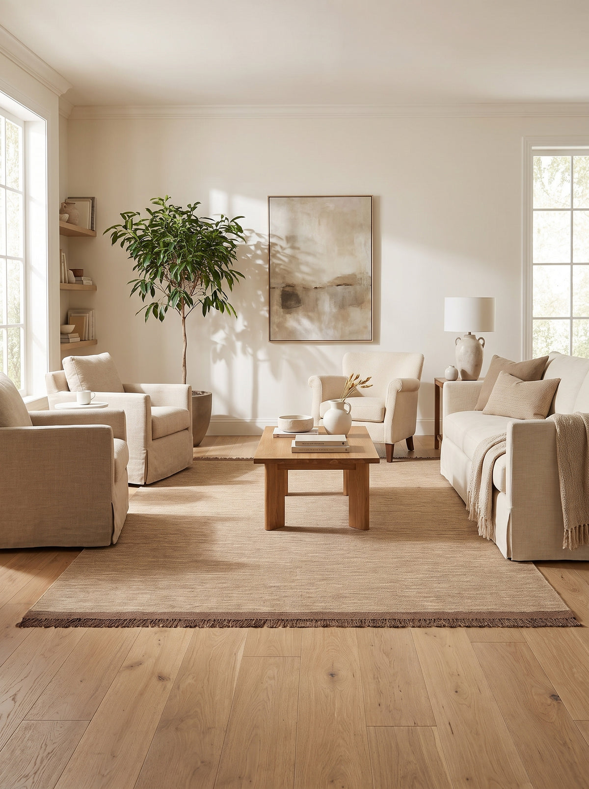 Ambachtelijke beige wol met gestreepte textuur en bruine franjes, dit vloerkleed verwarmt een lichte woonkamer