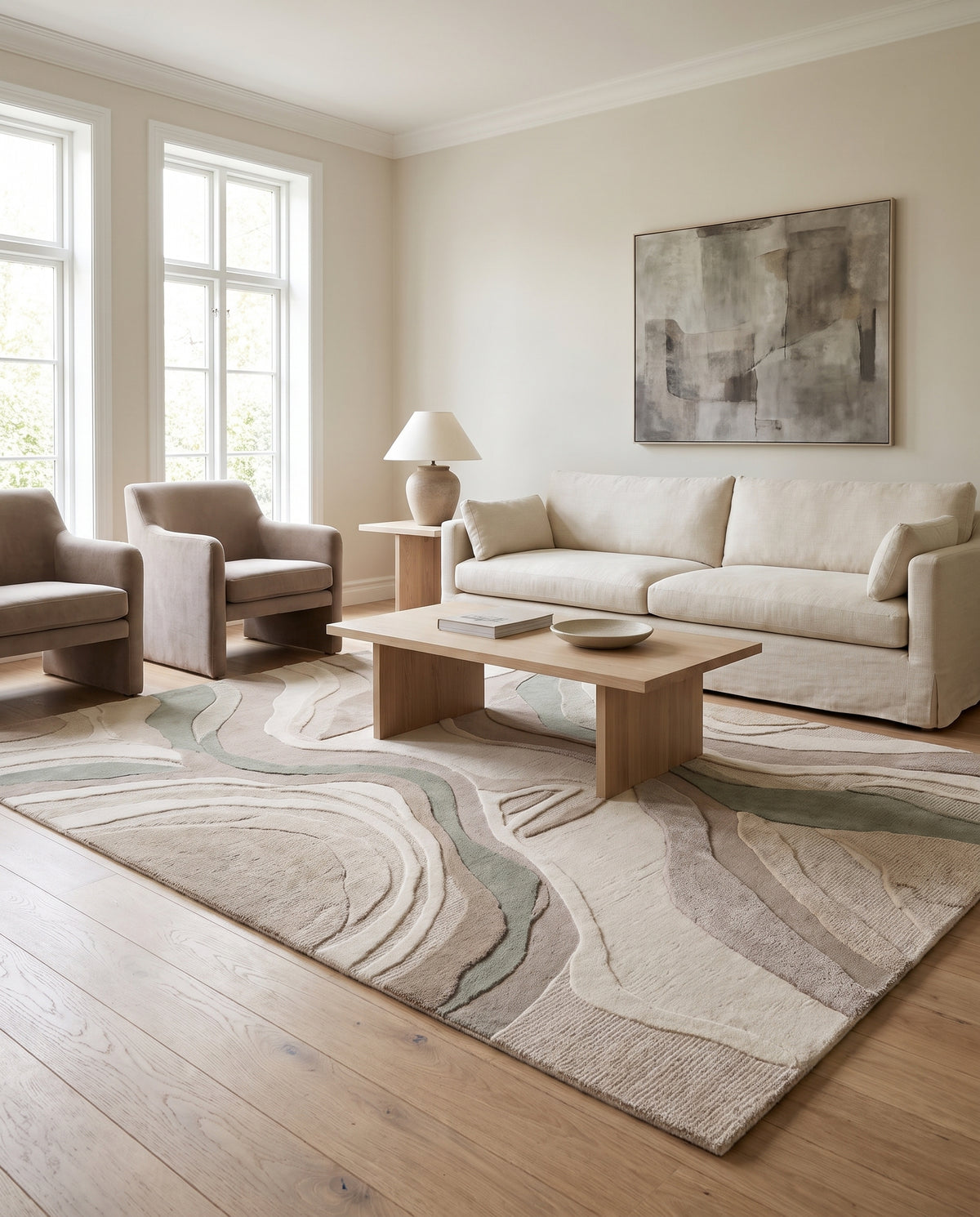 Bandes fluides de laine sculptée beige, taupe et vert sauge, au sol d'un salon lumineux