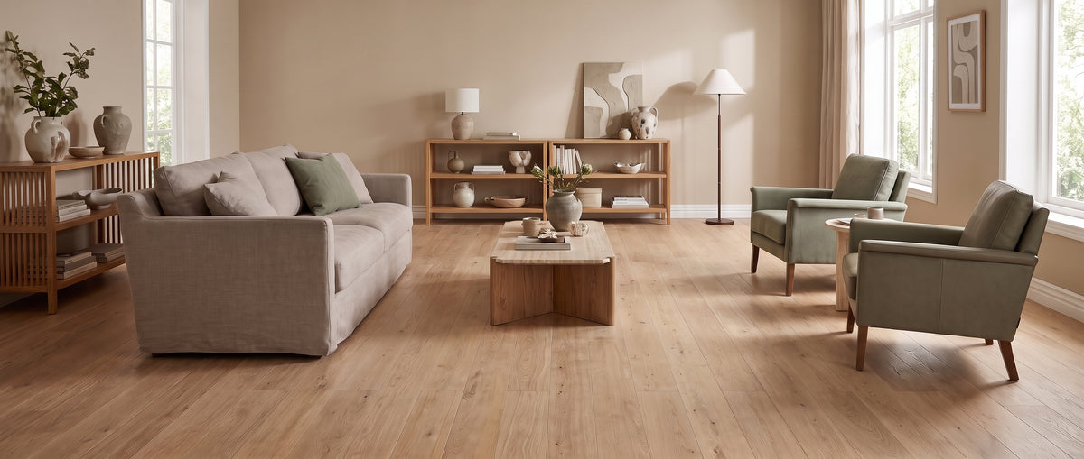 Sol nu en parquet clair d'un salon harmonieux avec canapé gris-beige, fauteuils verts et meubles en bois