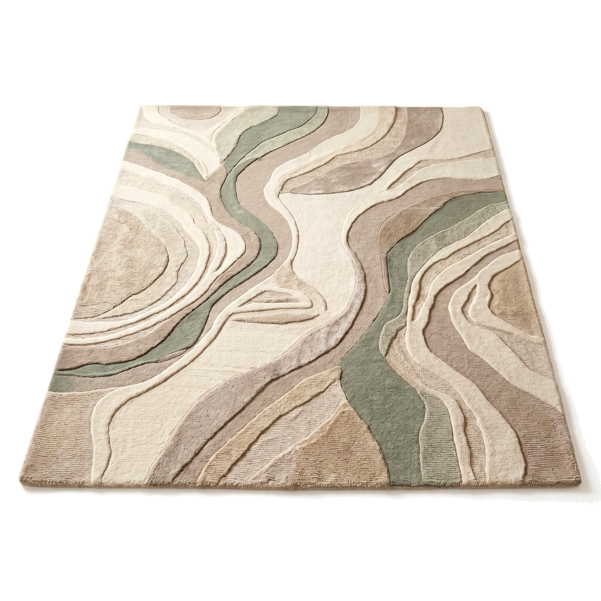 Finition détaillée du bord et texture en relief de laine sculptée beige, taupe et vert sauge