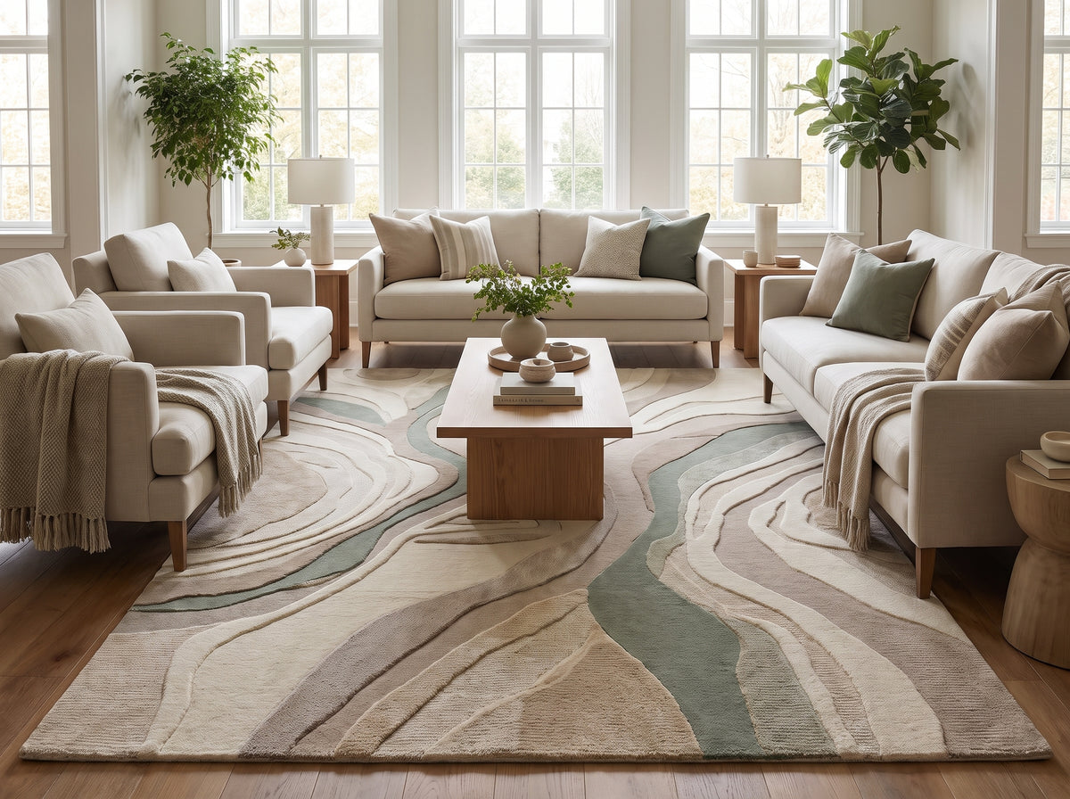 Laine tuftée main avec relief de bandes ondulantes beige, taupe et vert sauge pour ce tapis dans un salon lumineux