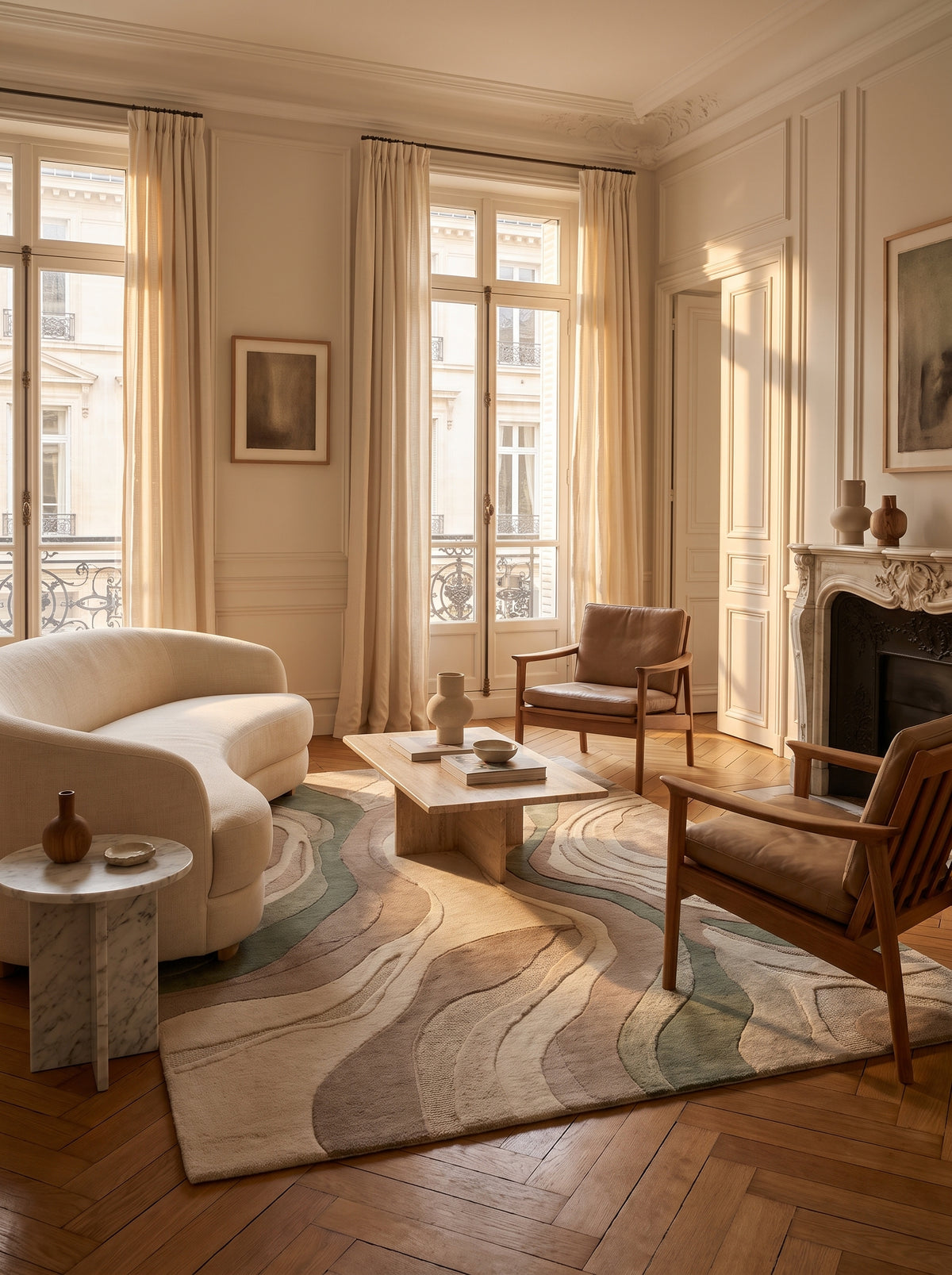 Relief de laine aux bandes ondulantes beige et vert sauge pour ce tapis posé dans un salon haussmannien