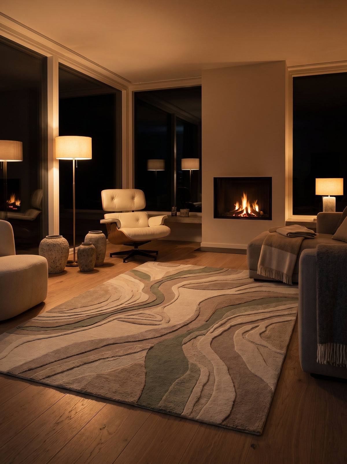 Tapis rectangulaire en laine beige, taupe et vert sauge, aux bandes ondulantes en relief, posé dans un salon de nuit