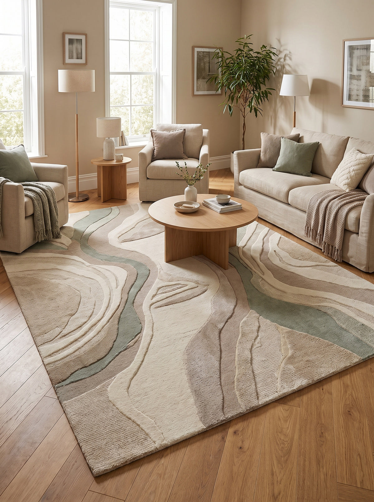 Dans un salon lumineux, un tapis de laine aux motifs ondulants beige, taupe et vert sauge en relief