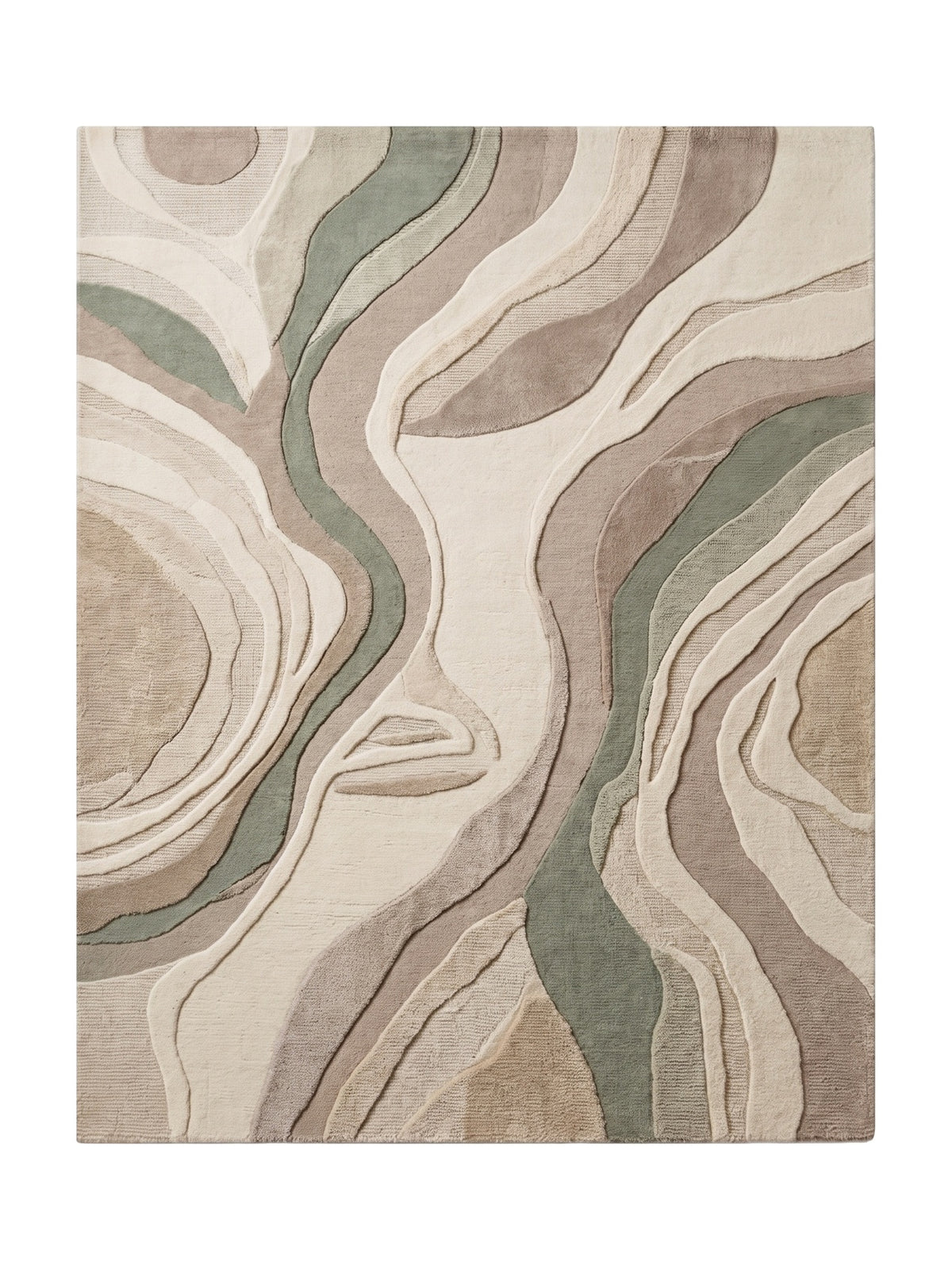 Dessin abstrait de vagues en relief, laine tuftée main beige, taupe et vert sauge