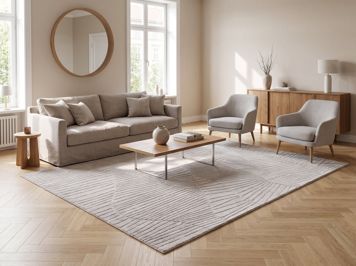 En laine beige grège, ce tapis dévoile des motifs en relief aux lignes courbes dans un salon clair