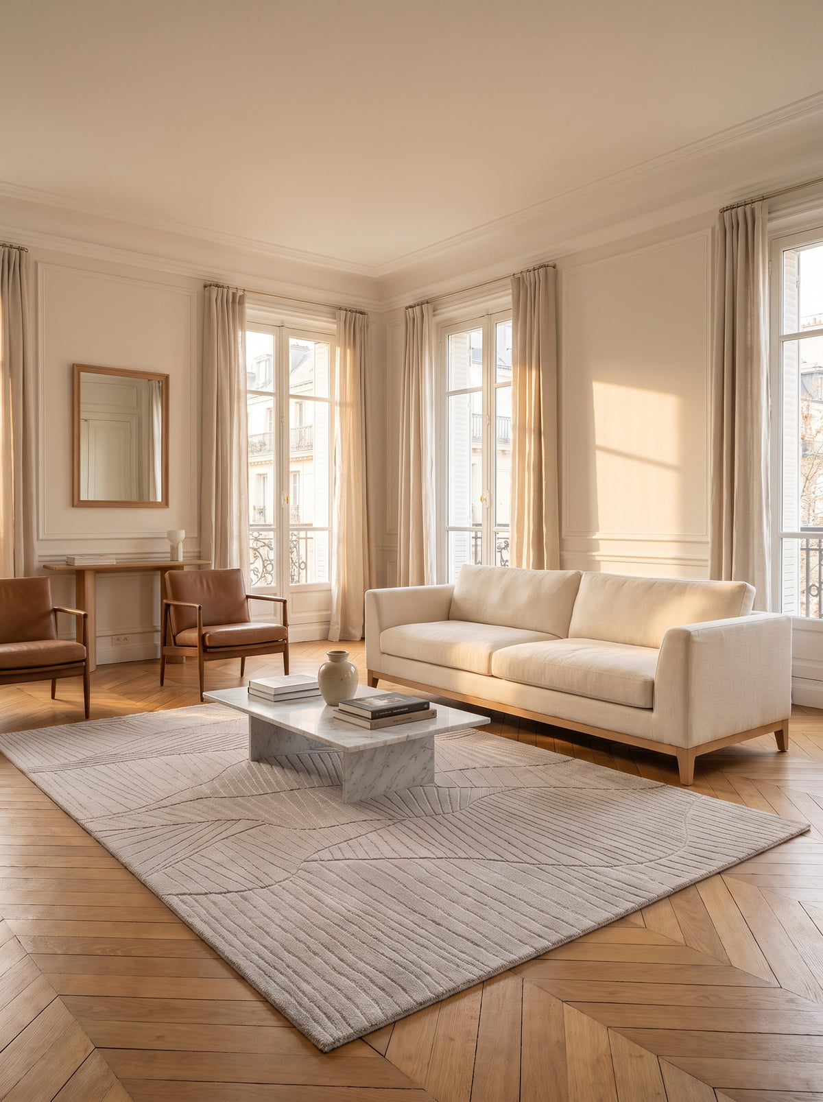 Ce tapis rectangulaire en laine beige grège présente des motifs abstraits sculptés, dans un salon élégant