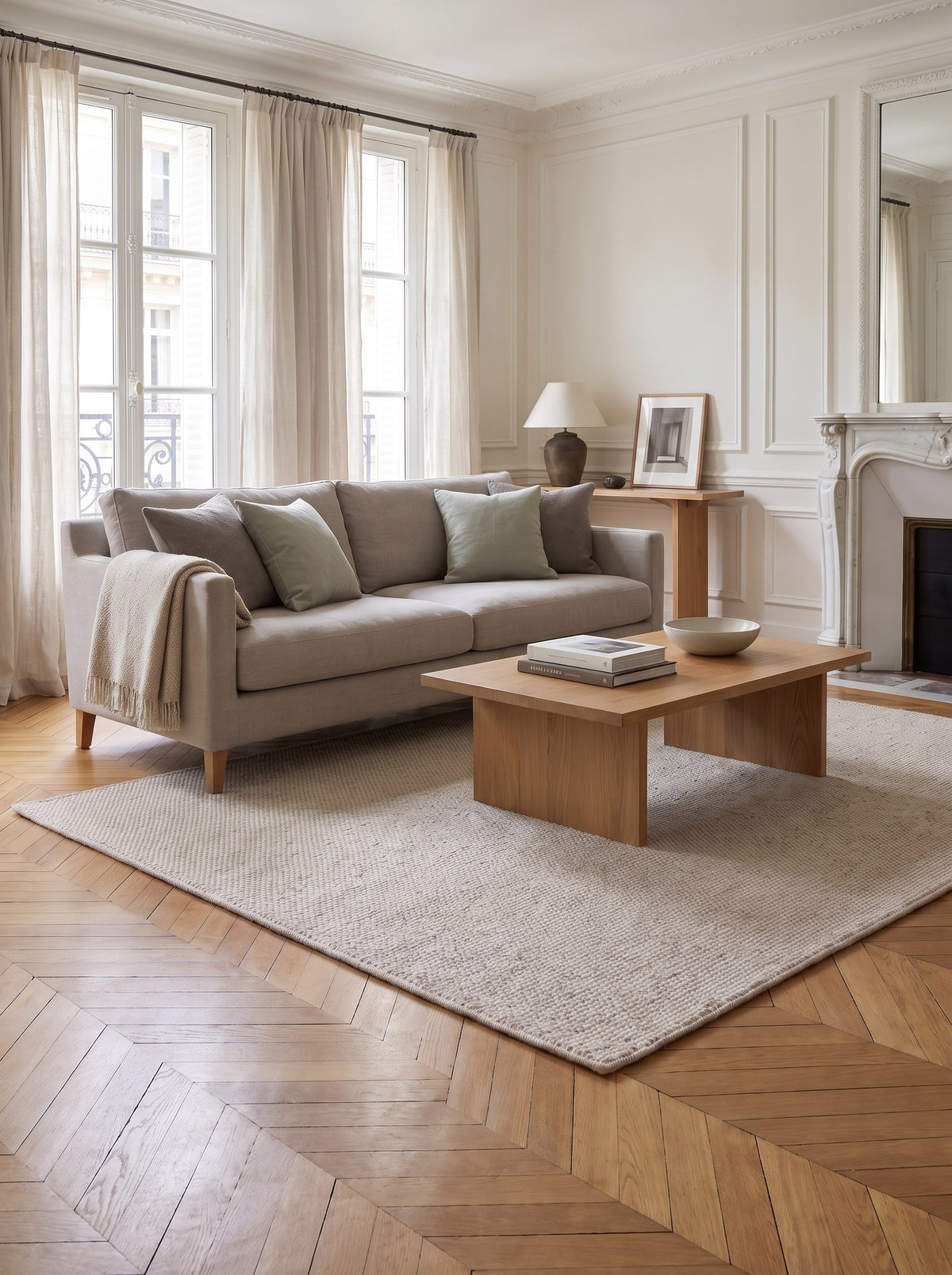 Wollteppich Leinenbeige - Grano im Wohnzimmer einer Haussmann-Wohnung in Paris mit Chevron-Parkett