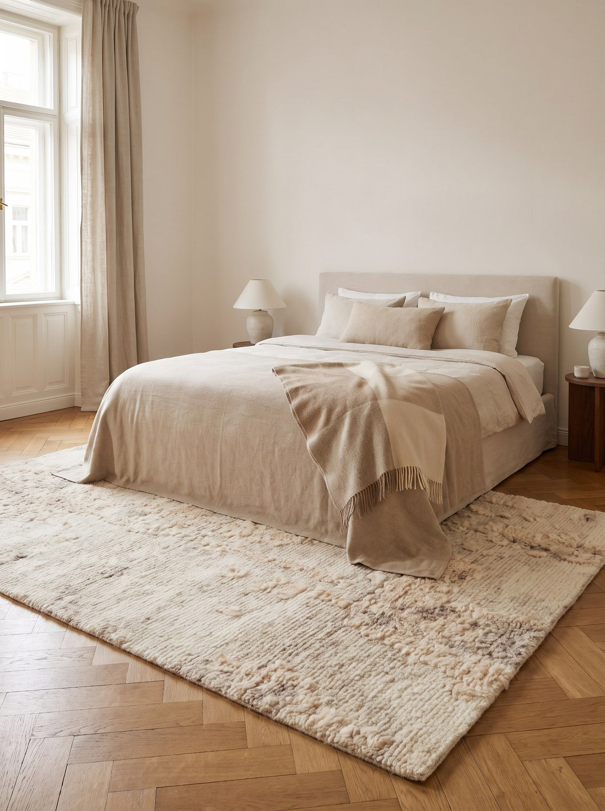 Wollteppich Rosé-Beige - Cipria unter dem Bett im Schlafzimmer einer renovierten Altbauwohnung, auf altem Eichenparkett