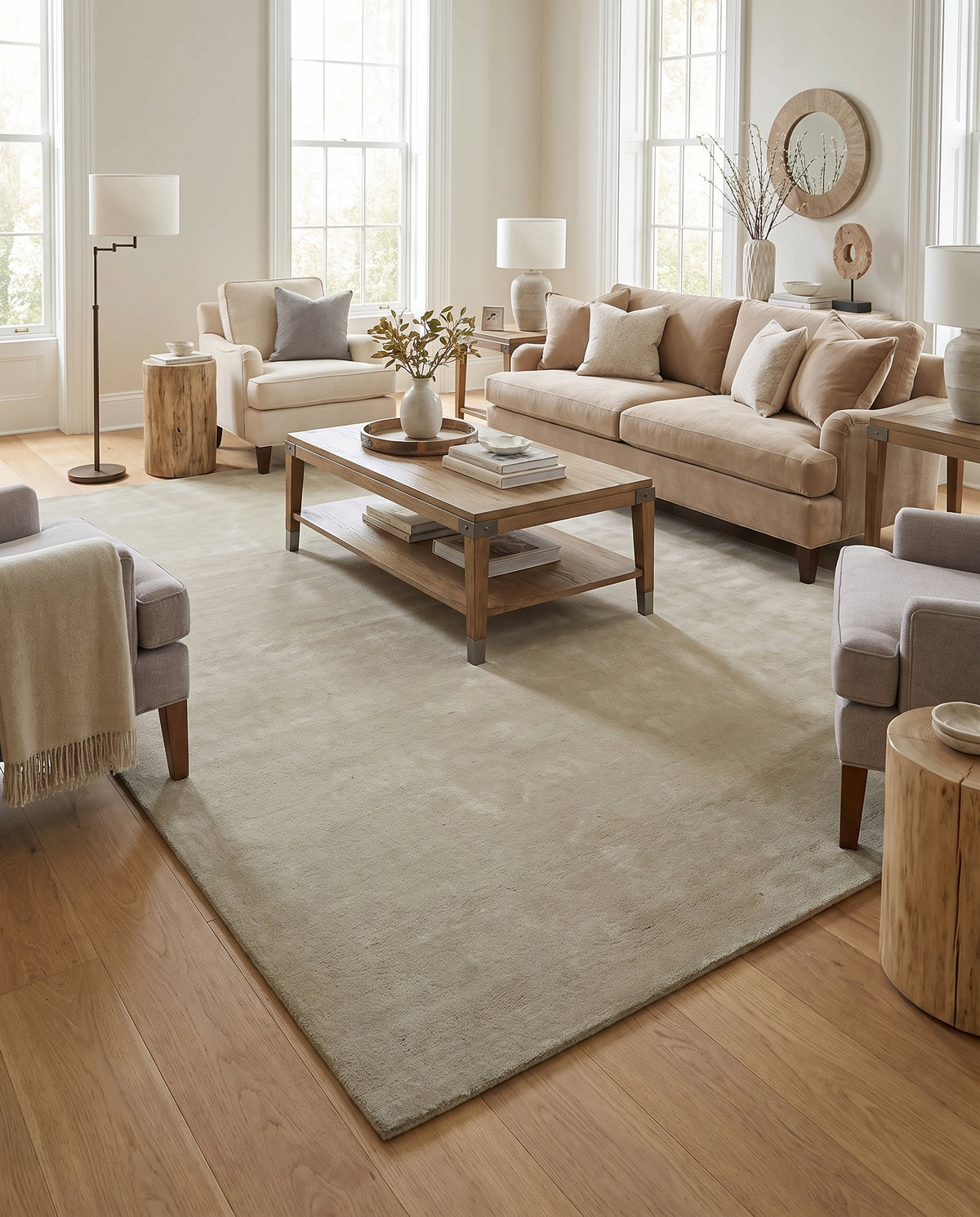 Moelleux et uni, ce tapis rectangulaire en laine beige sable structure un salon clair au parquet lumineux