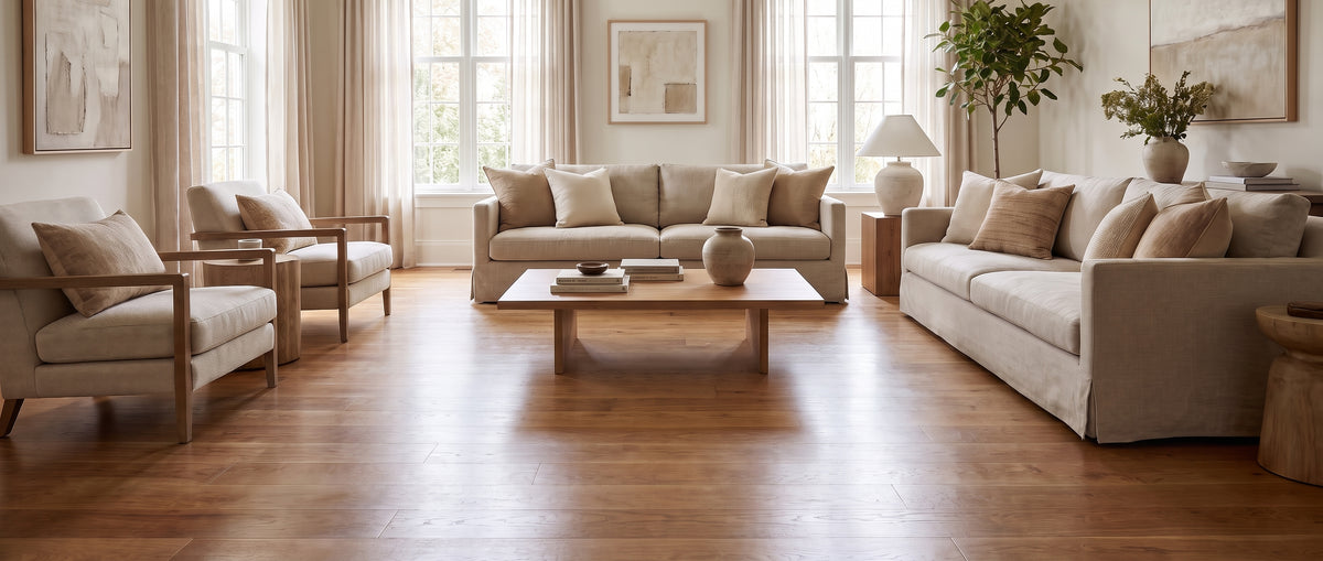 Le parquet lumineux d'un grand salon chaleureux, meublé de canapés et fauteuils aux tons doux, sans tapis au sol