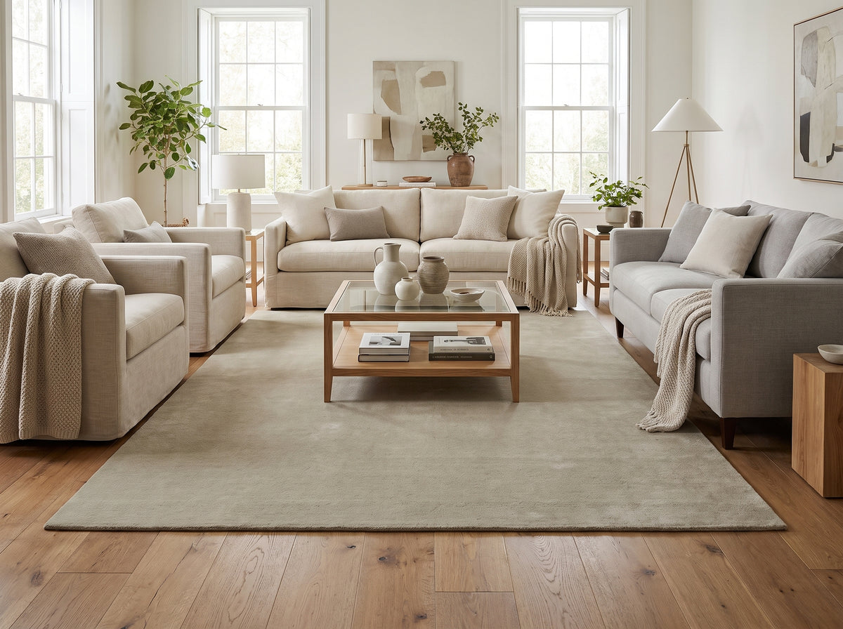 En laine beige sable et fait main, ce tapis rectangulaire uni habille un salon lumineux au mobilier clair