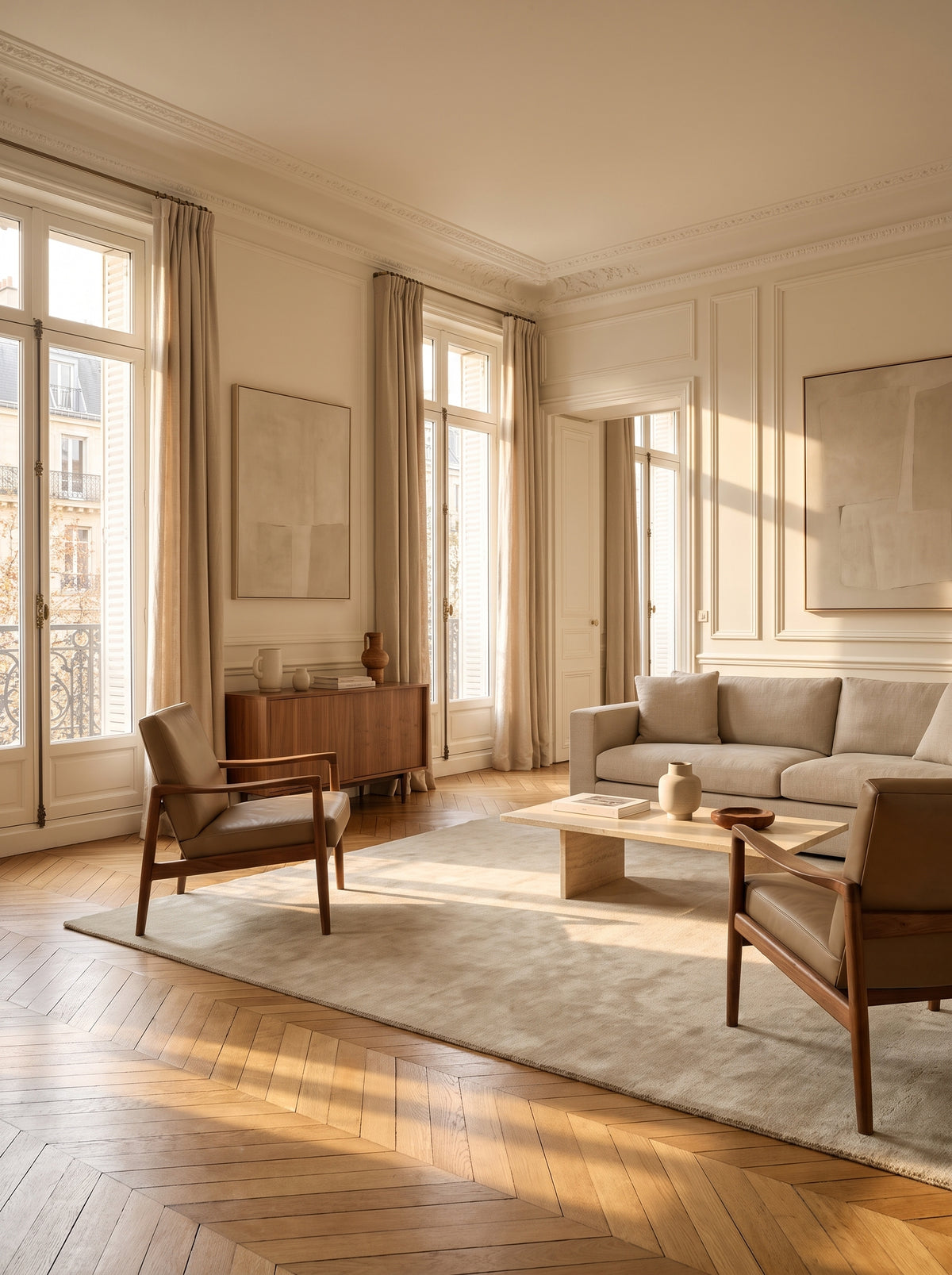 Beige sable, ce tapis rectangulaire en laine fait main réchauffe le parquet d'un salon haussmannien