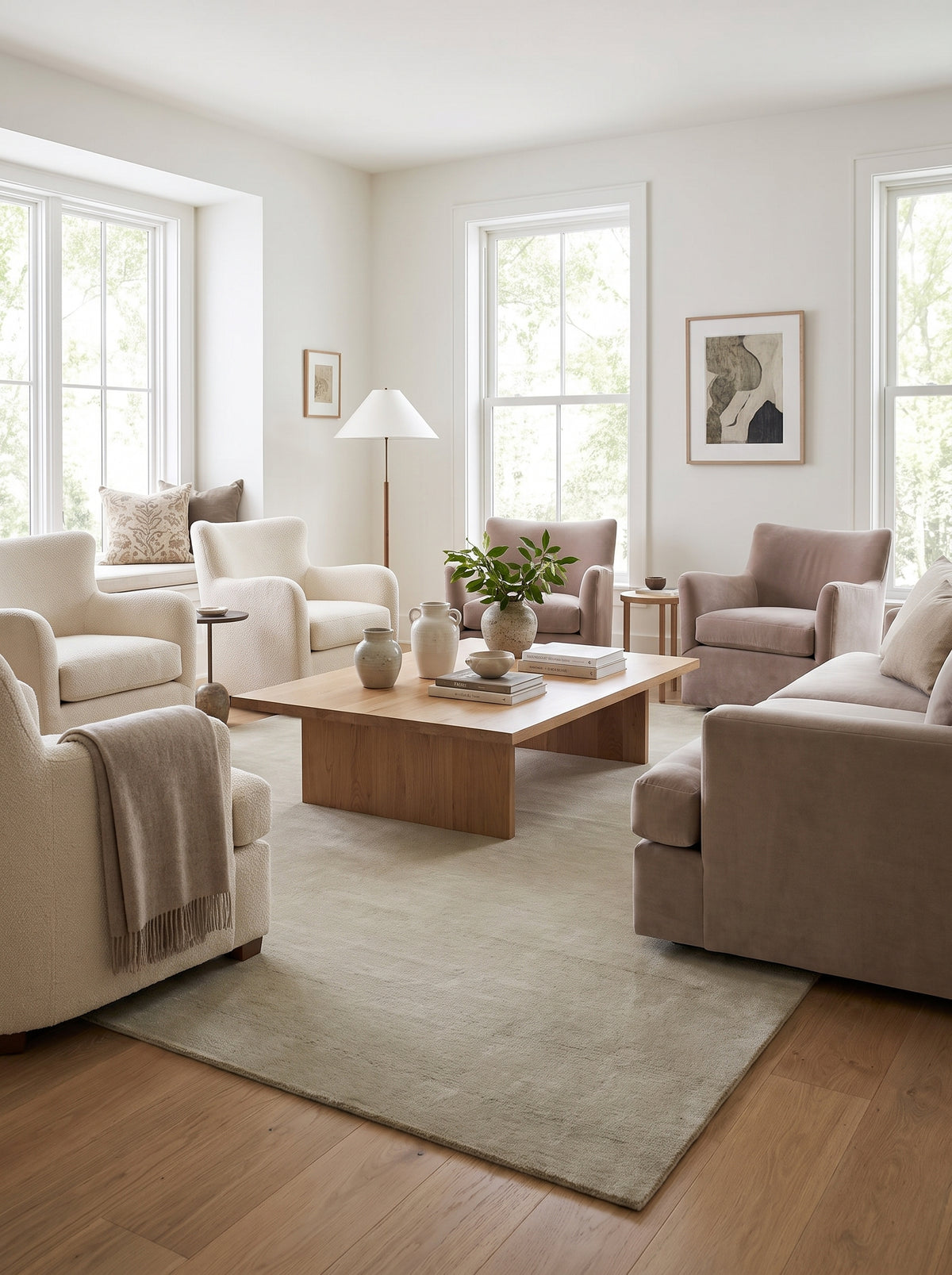 Un tapis fait main en laine beige sable réchauffe un salon clair de sa texture douce et unie