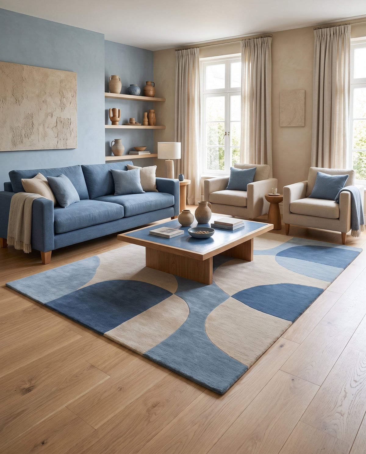 Bleu denim, bleu clair et beige naturel s'entrelacent sur ce tapis en laine, dans un salon moderne