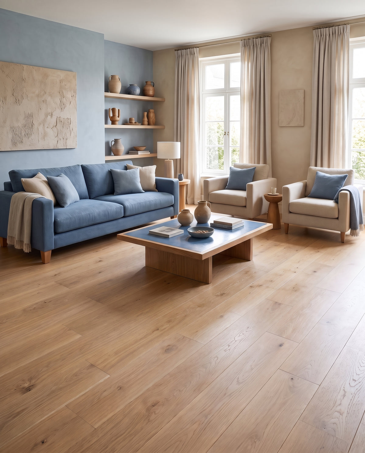 Pièce sans tapis, un salon aux murs bleus et beiges, sol parquet clair, canapé bleu, fauteuils crème et étagères