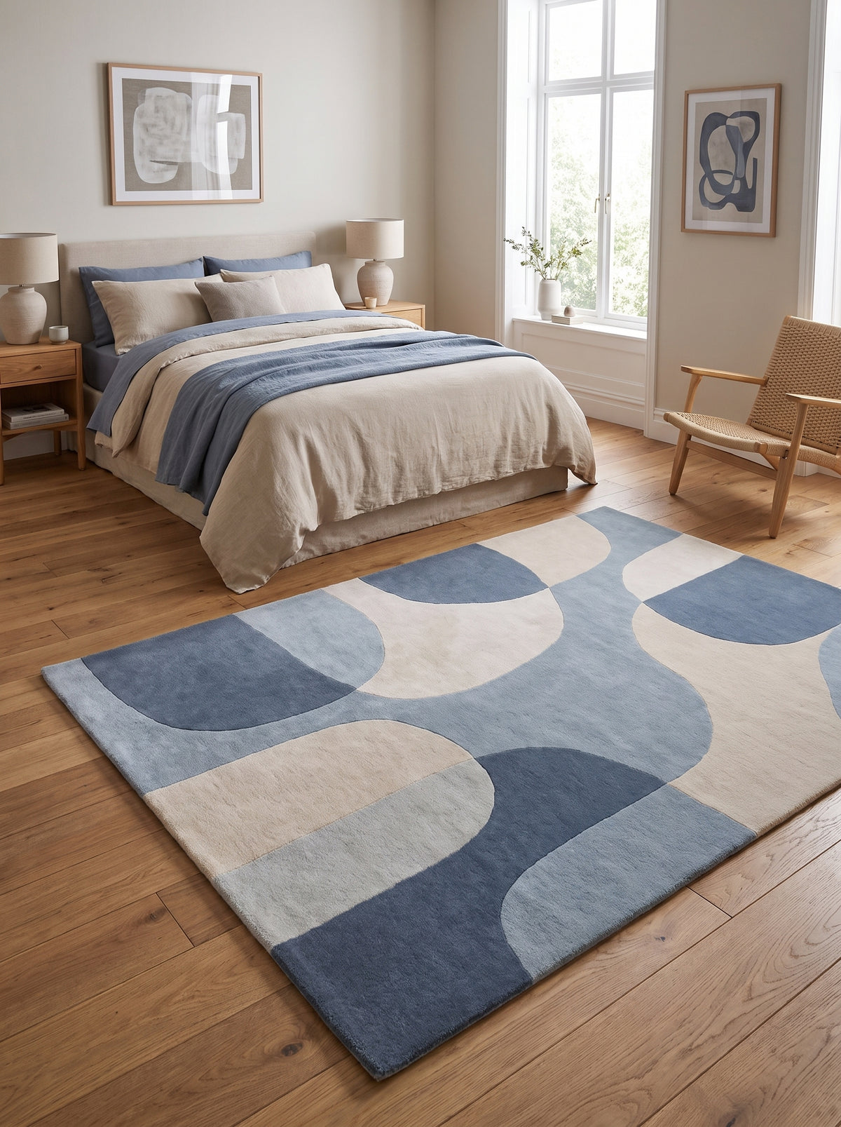 Laine touffetée aux motifs courbés de trois bleus et beige naturel, ce tapis habille le sol d'une chambre lumineuse
