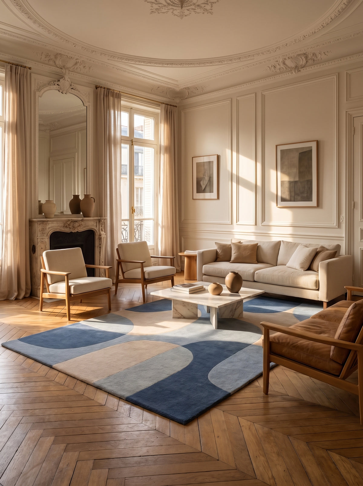 Ce tapis en velours coupé, de laine bleue et beige, dessine d'amples courbes au centre d'un élégant salon haussmannien