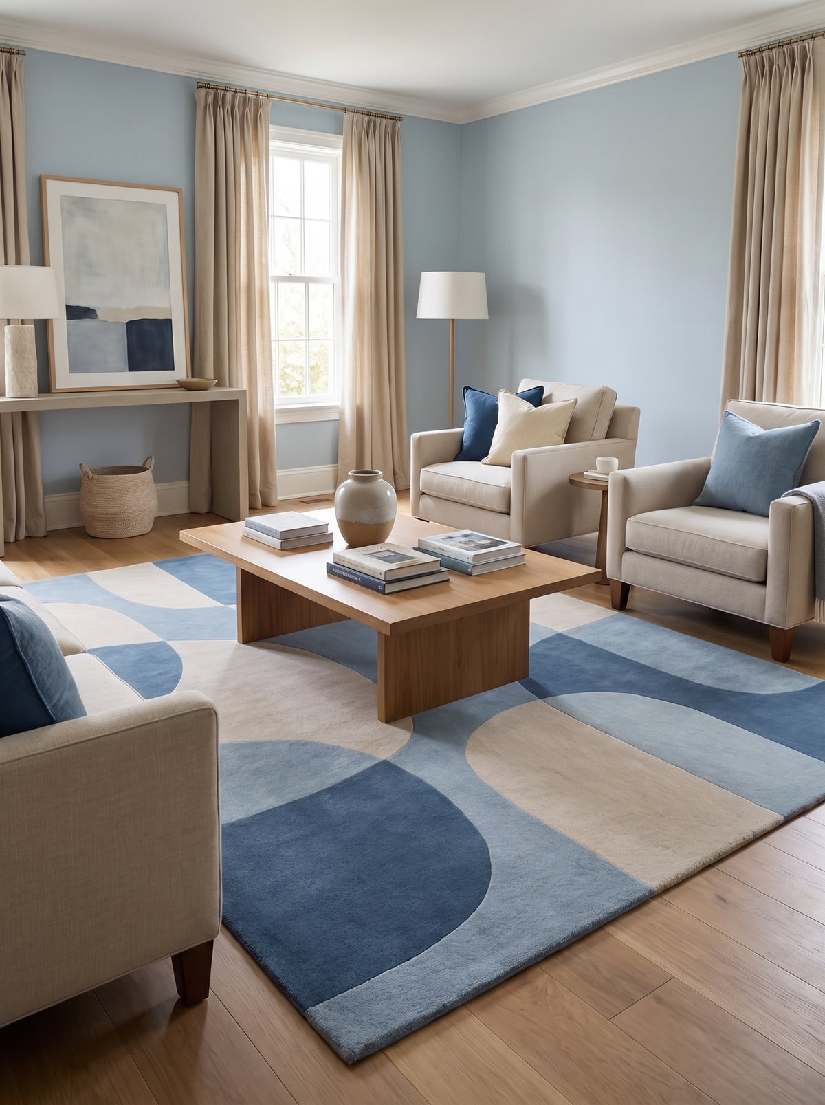 Tapis en laine velours coupé, aux vastes motifs courbés bleus et beiges, posé dans un lumineux salon
