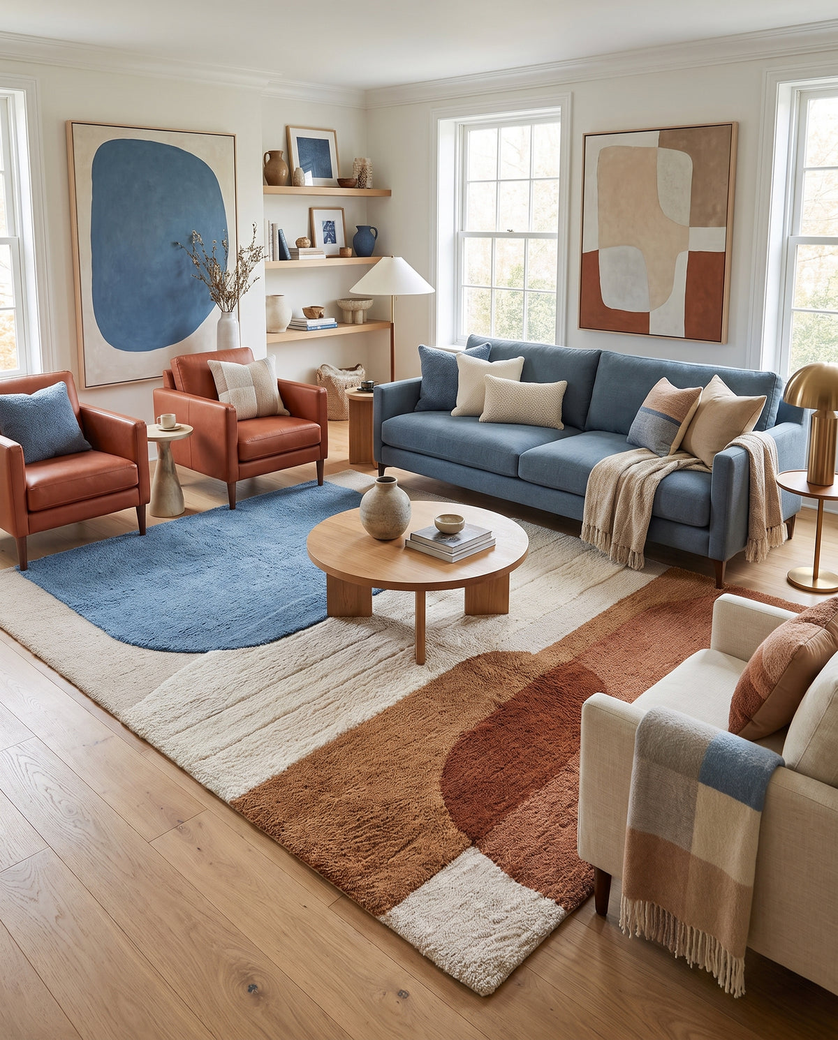 En laine tuftée et sculptée, ce tapis rectangulaire mêle des formes abstraites bleu, terracotta et crème dans un salon
