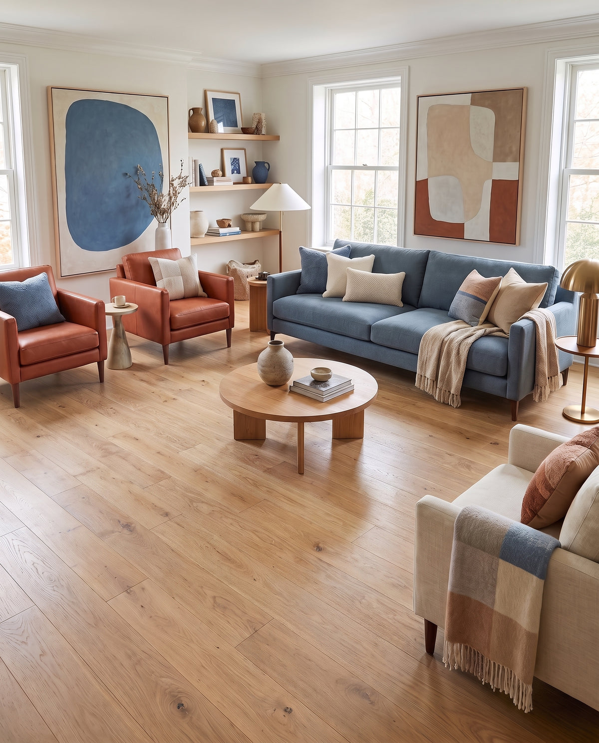 Un salon lumineux présente un canapé bleu, des fauteuils en cuir, un parquet clair et le sol nu, sans tapis