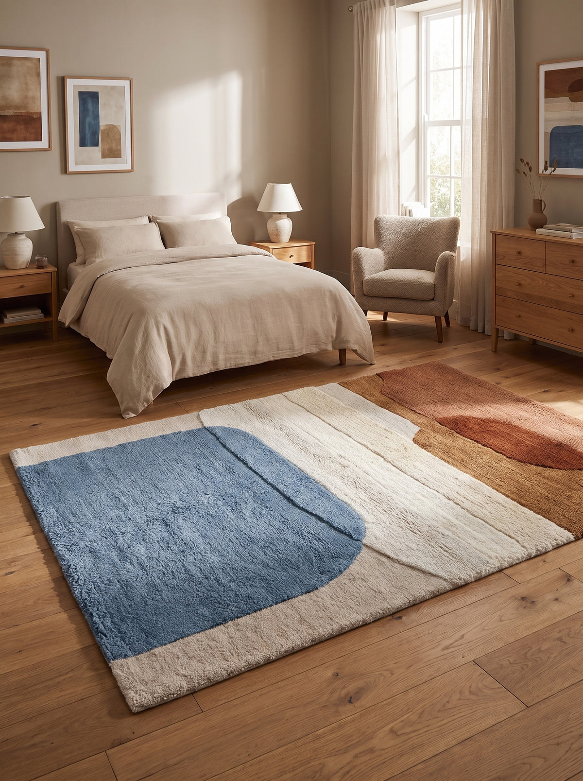 Dans une chambre claire, un tapis en laine sculptée affiche des motifs abstraits bleu, terracotta et crème en relief