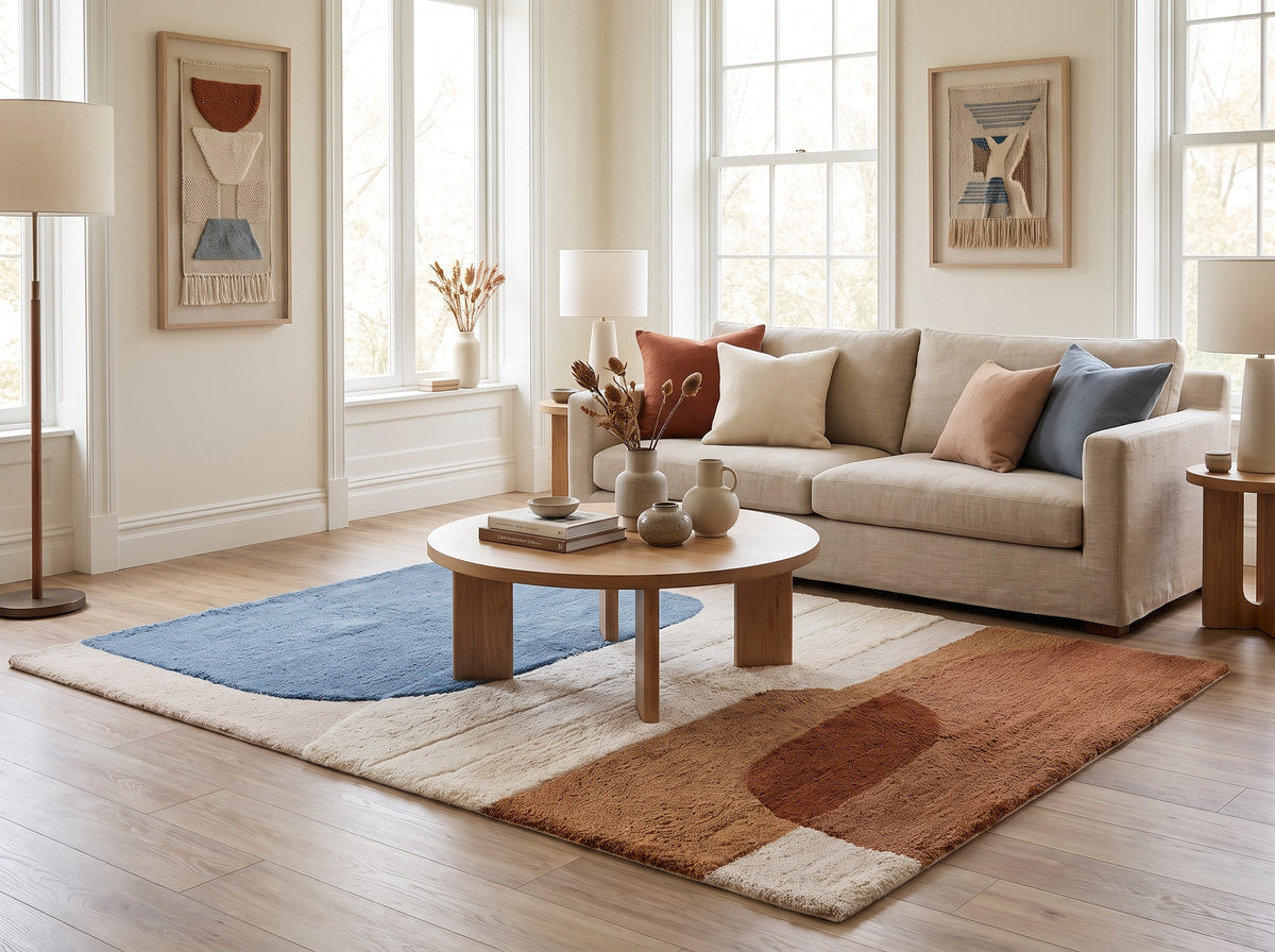 Laine tuftée et sculptée, ce tapis rectangulaire aux motifs abstraits bleu, terracotta et crème orne un salon