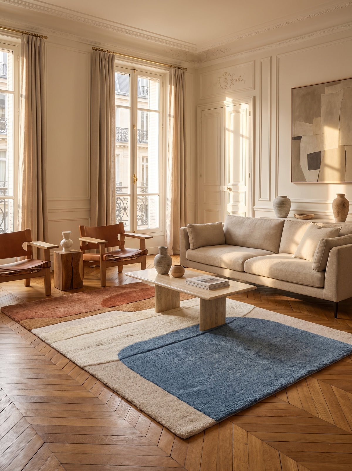 Ce tapis en laine sculptée et tuftée, aux motifs abstraits bleu, terracotta et crème, décore un salon lumineux