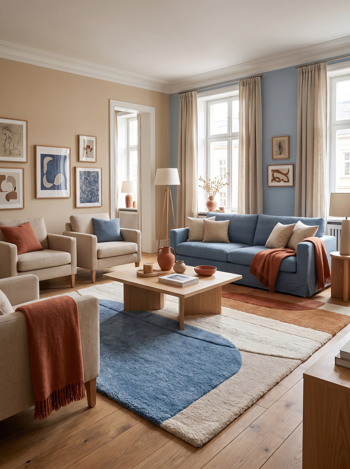 Les formes sculptées en laine tuftée bleu, terracotta et crème animent ce tapis dans un salon