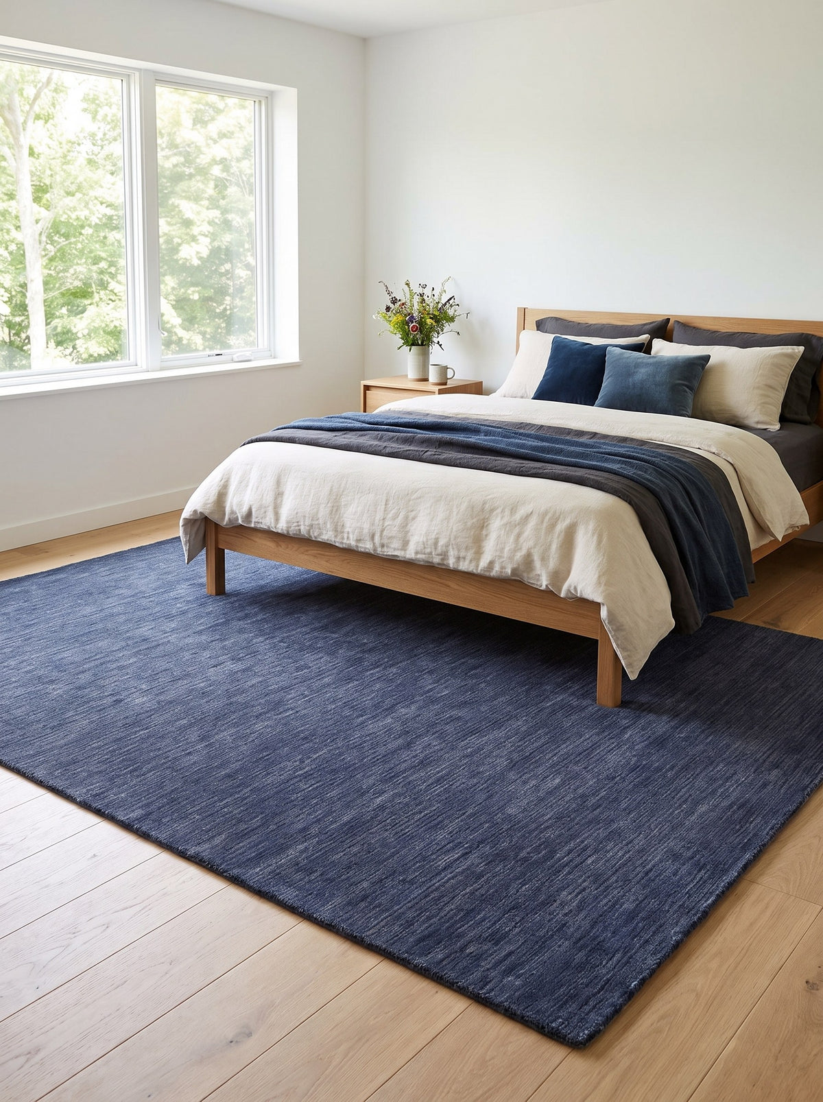 Wollteppich Indigoblau - Filato unter dem Bett im Schlafzimmer eines Architektenhauses, auf hellen Eichendielen
