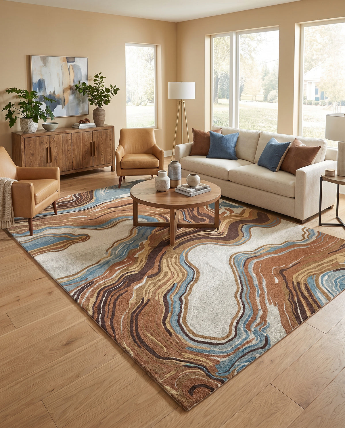 Un tapis en laine aux motifs onduleux bruns, terracotta, crème et bleu anime un salon lumineux