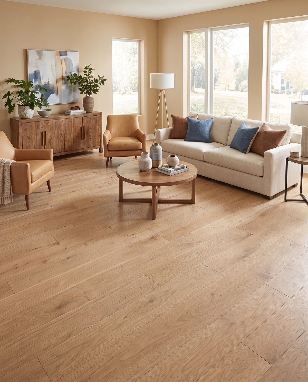 Parquet clair et sol nu dans un salon lumineux, avec canapé crème et fauteuils camel
