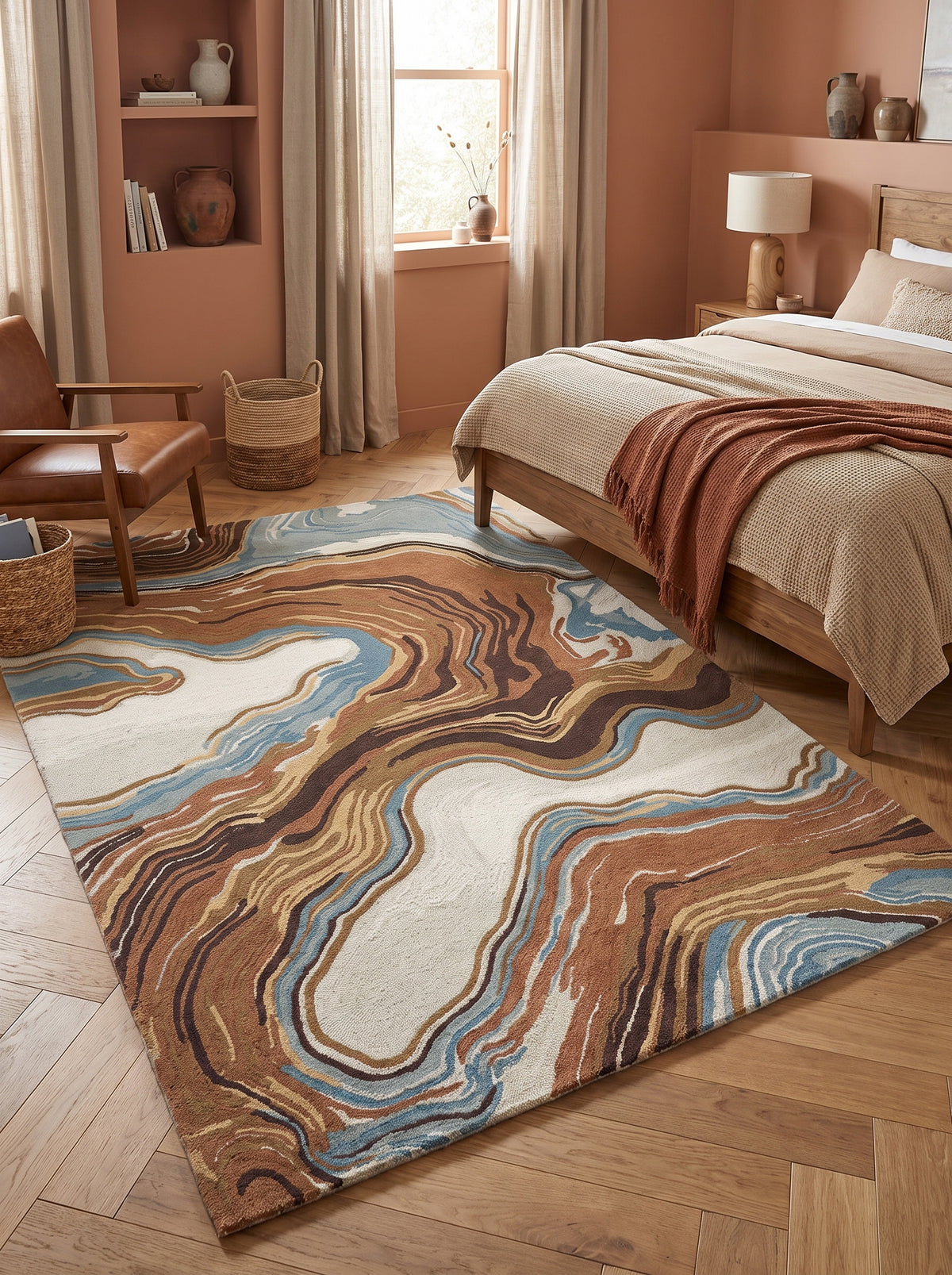 Un dessin abstrait de vagues brunes, terracotta, crème et bleues anime ce tapis en laine rectangulaire dans une chambre