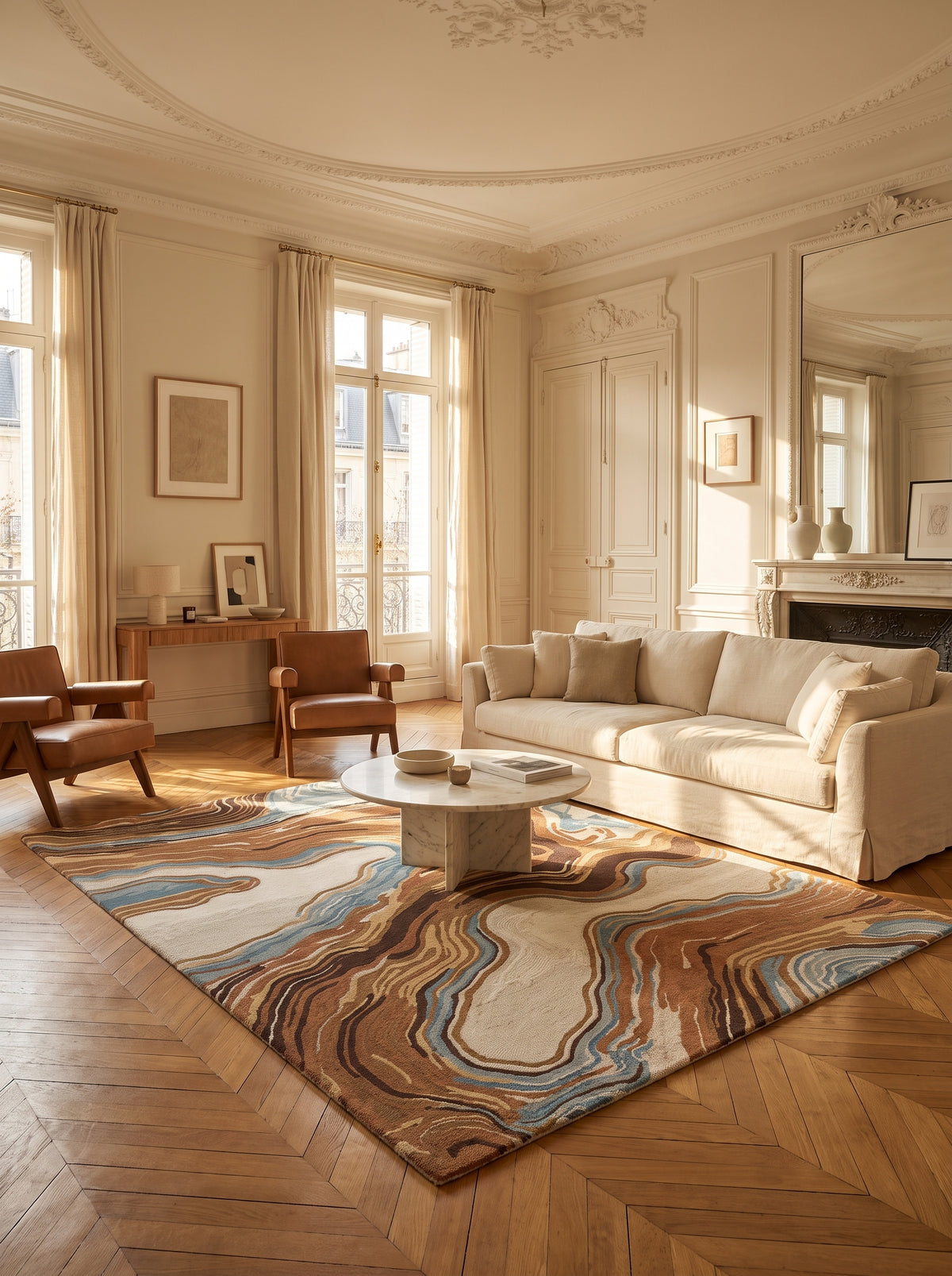 Dans un salon haussmannien lumineux, un tapis en laine bouclée déploie ses motifs onduleux bruns, terracotta et bleus