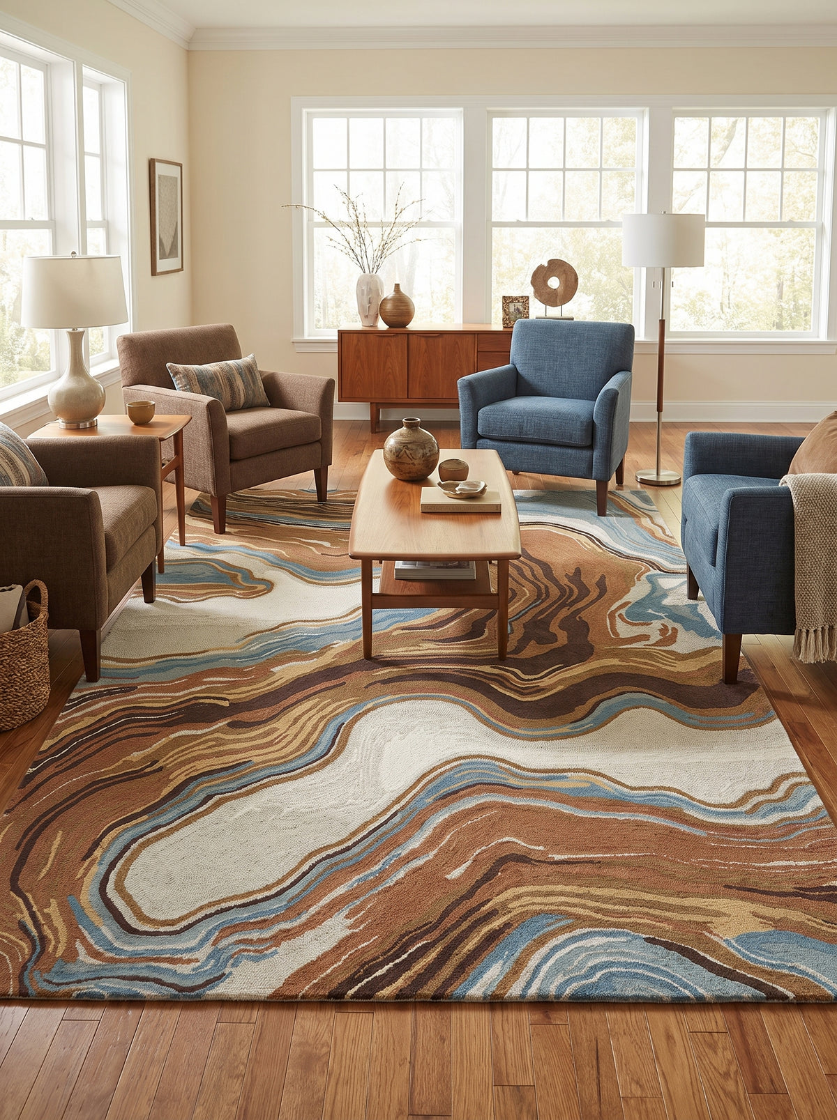 Ce tapis en laine présente des motifs fluides de bruns, terracotta, crème et bleu, dynamisant un salon lumineux