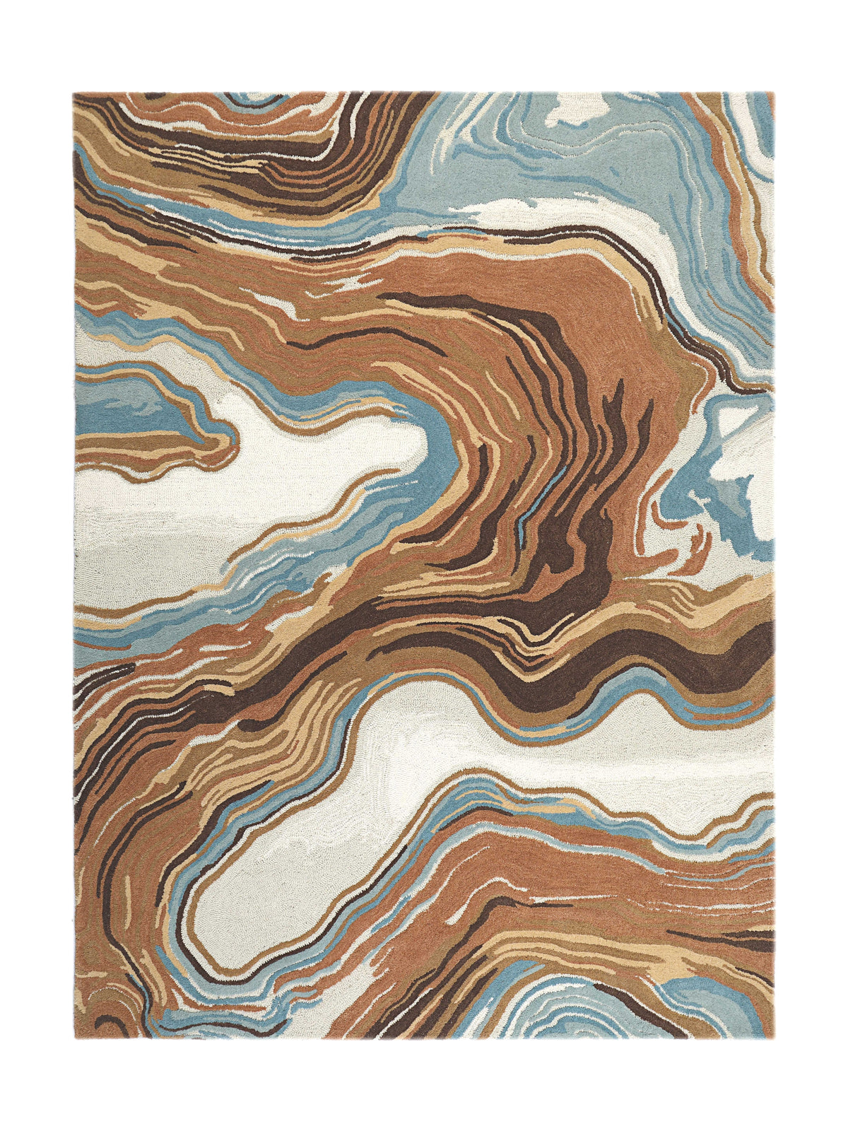 Des ondes abstraites brun, terracotta, crème et bleu animent ce tapis rectangulaire en laine bouclée