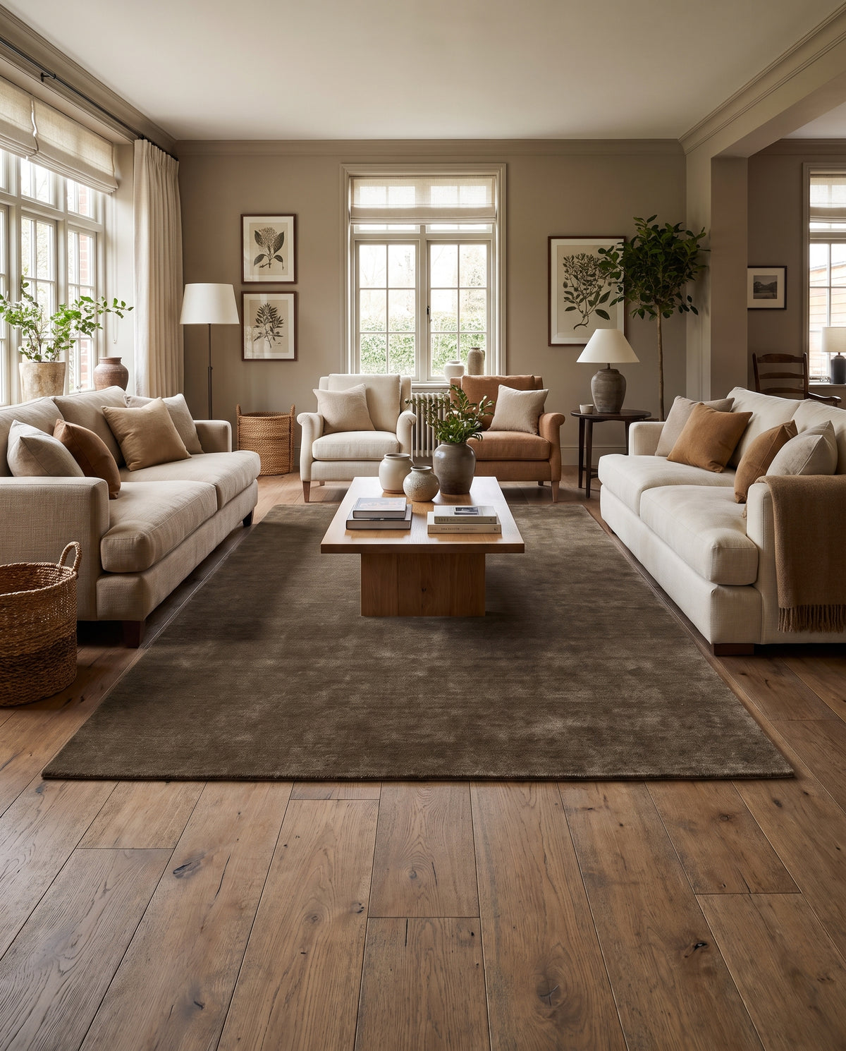 Brun foncé, ce tapis rectangulaire en laine fait main, au velours subtil, ancre ce salon clair