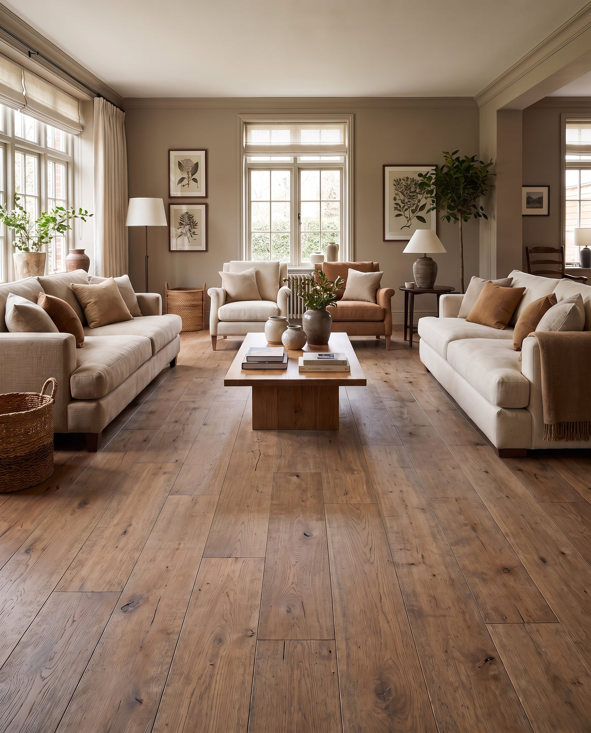 Pièce de vie lumineuse avec canapés beiges, fauteuils en cuir et parquet clair, le sol est nu et sans tapis